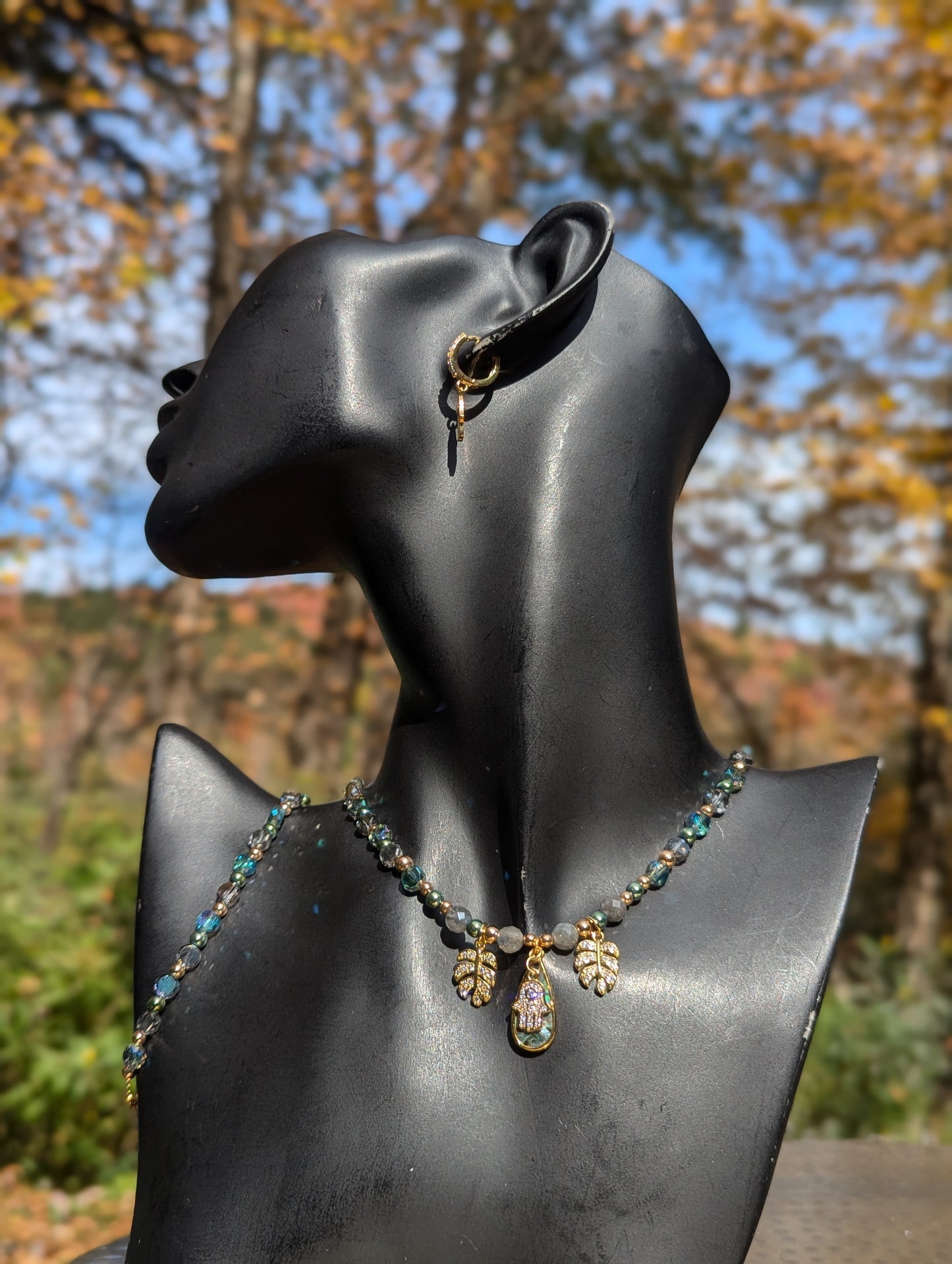 Abalone Shell Gold Hamsa Leafy Set