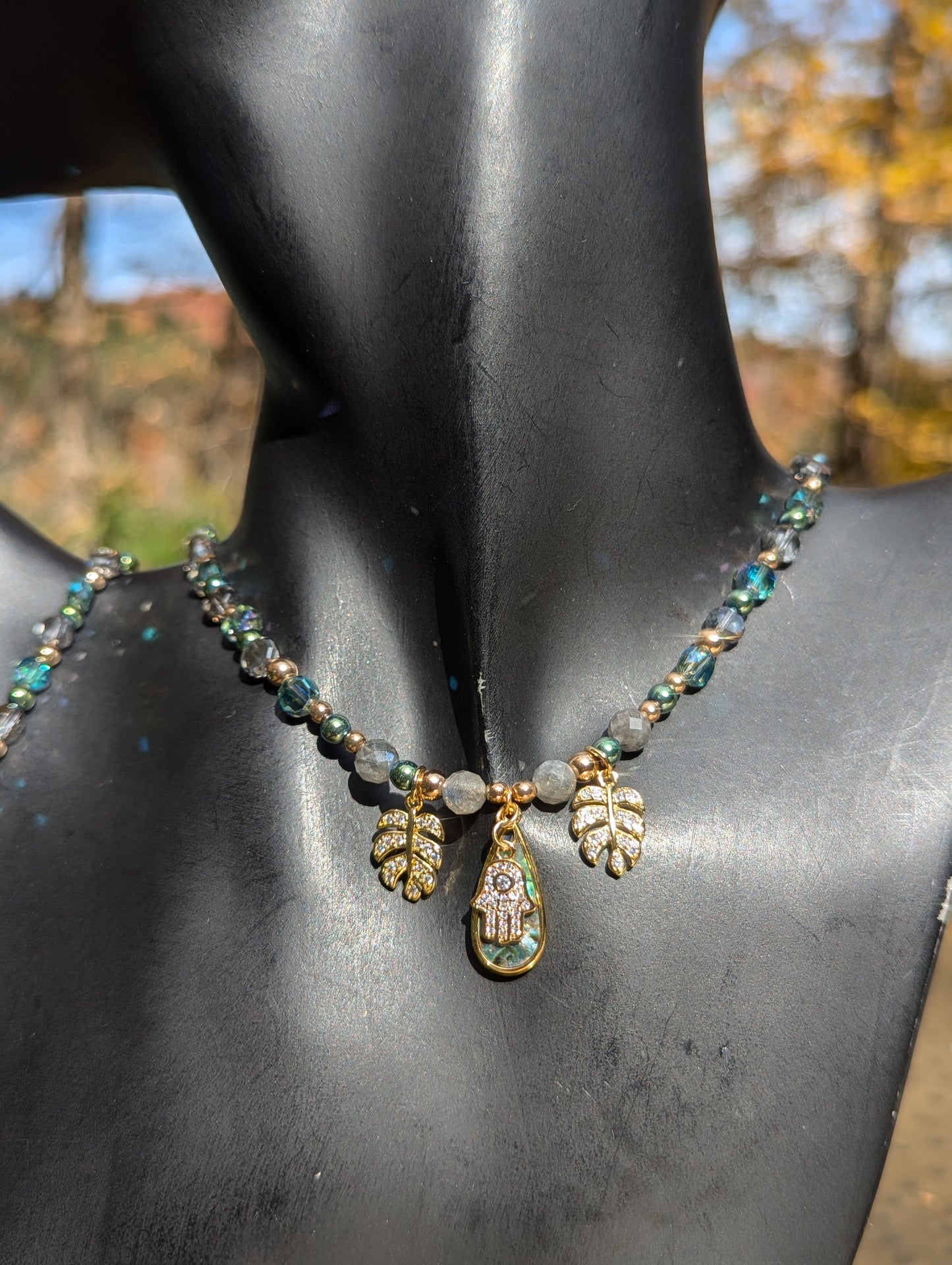 Abalone Shell Gold Hamsa Leafy Set