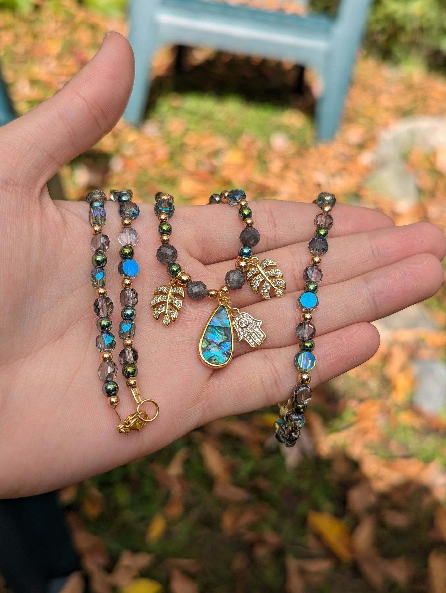 Abalone Shell Gold Hamsa Leafy Set