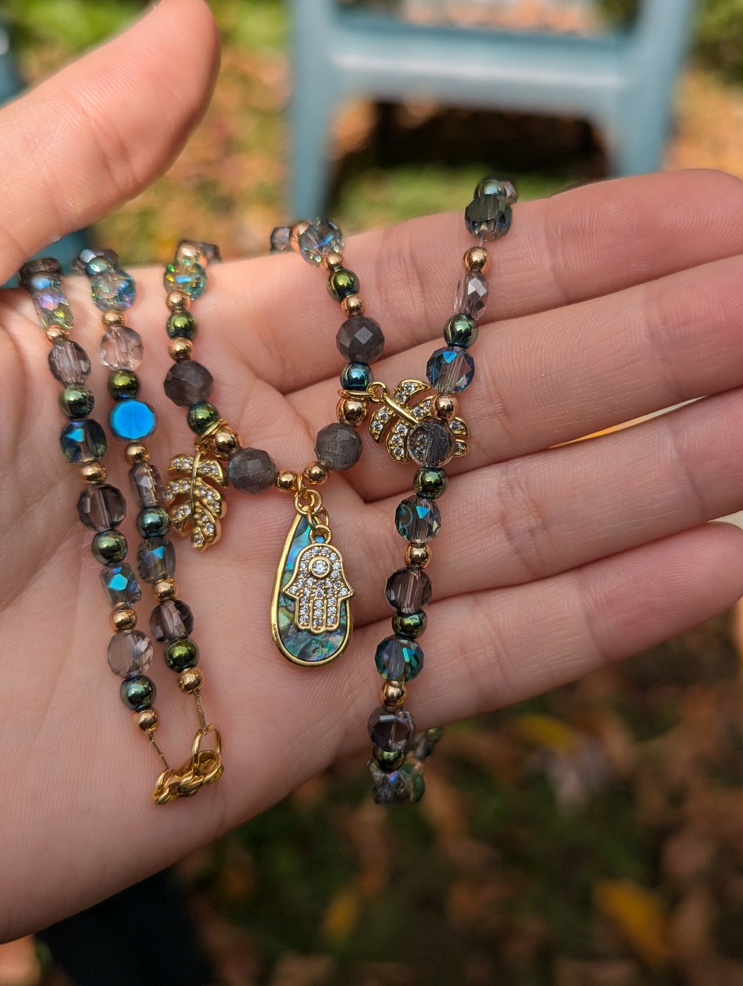 Abalone Shell Gold Hamsa Leafy Set