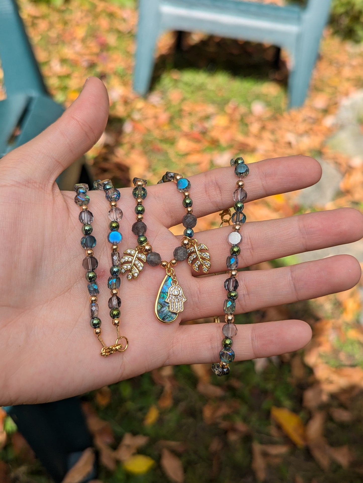 Abalone Shell Gold Hamsa Leafy Set