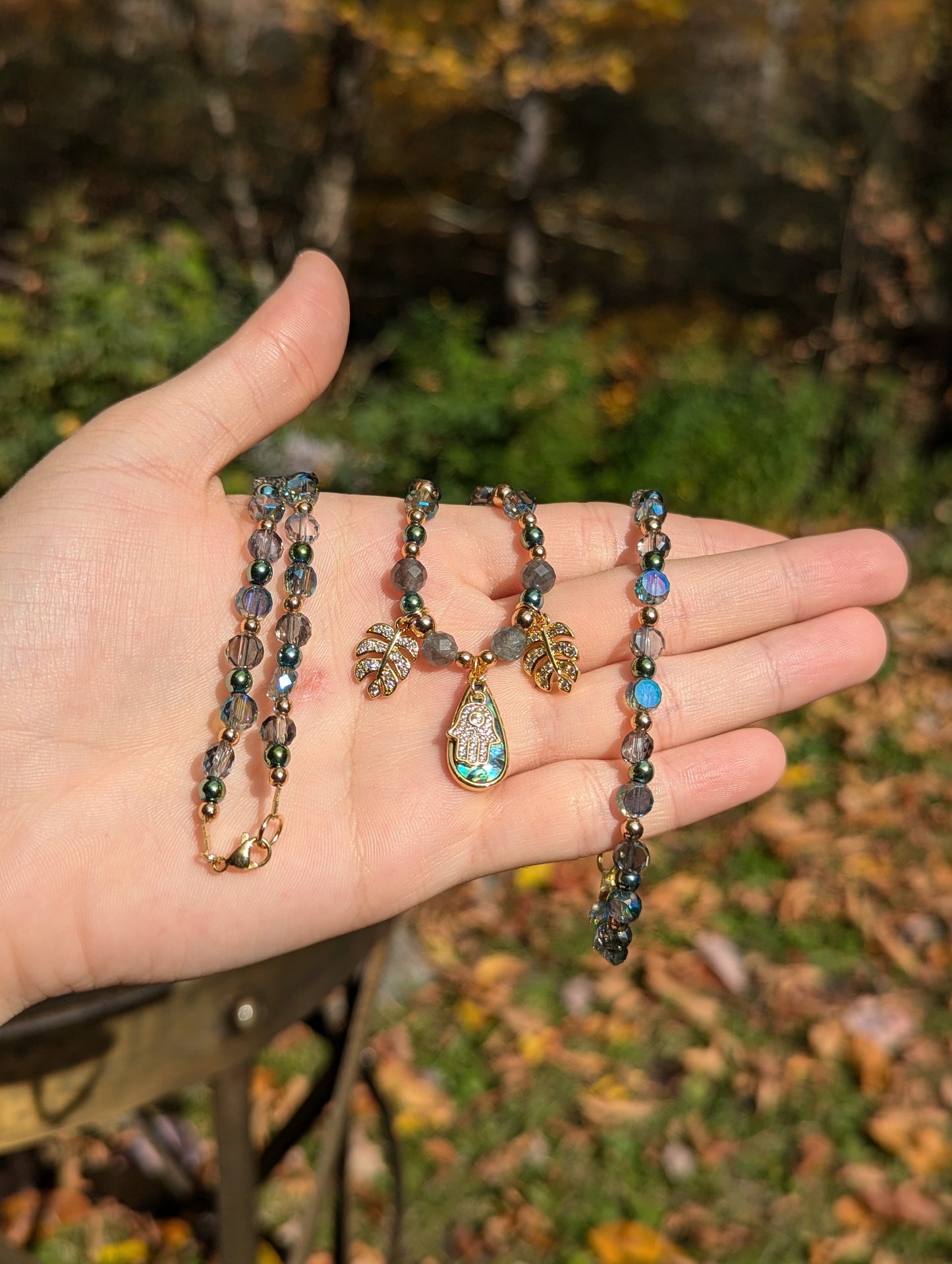 Abalone Shell Gold Hamsa Leafy Set