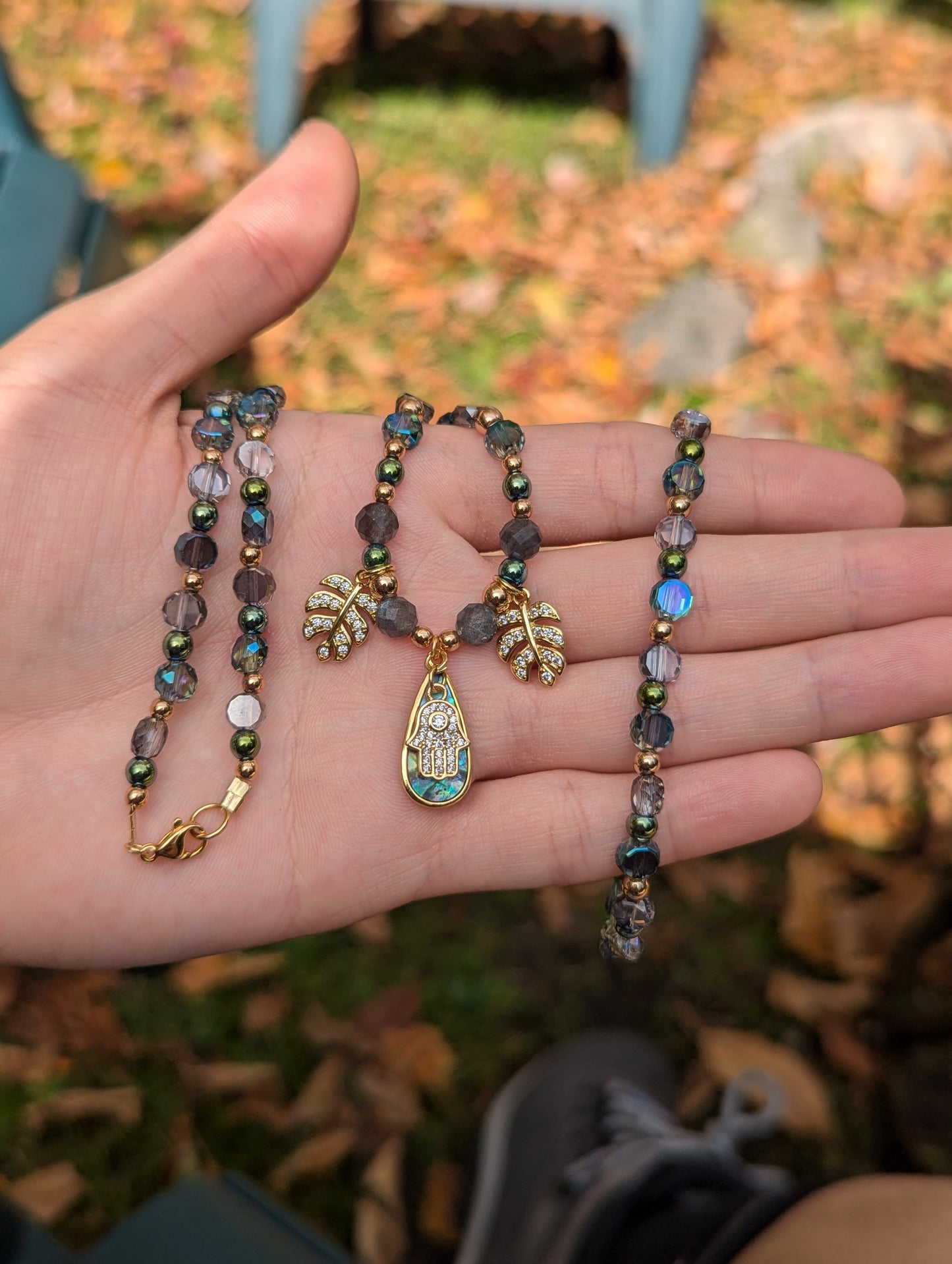 Abalone Shell Gold Hamsa Leafy Set