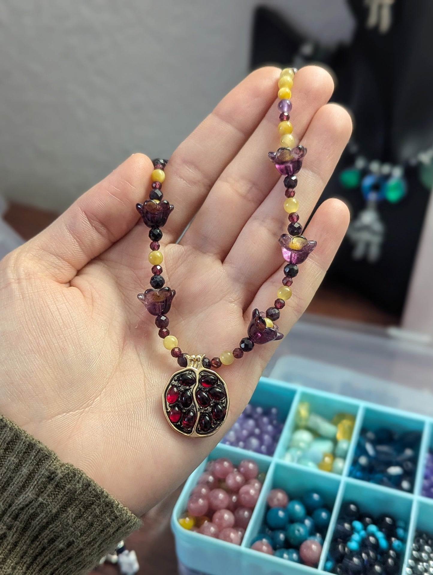 ISRAEL Pomegranate and Bellflowers Set with Garnet, Tiger's Eye and Garnet Gemstones