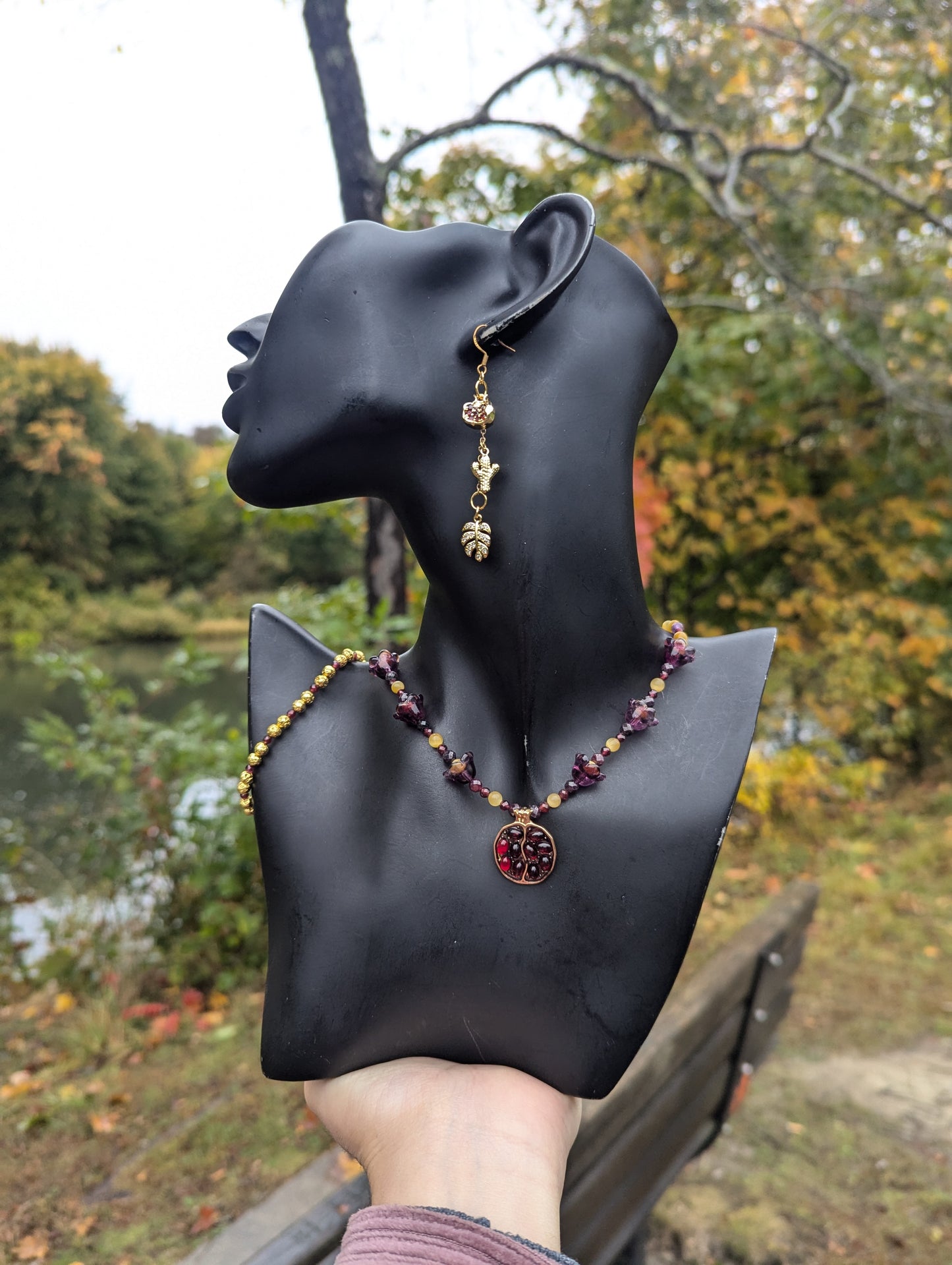 ISRAEL Pomegranate and Bellflowers Set with Garnet, Tiger's Eye and Garnet Gemstones