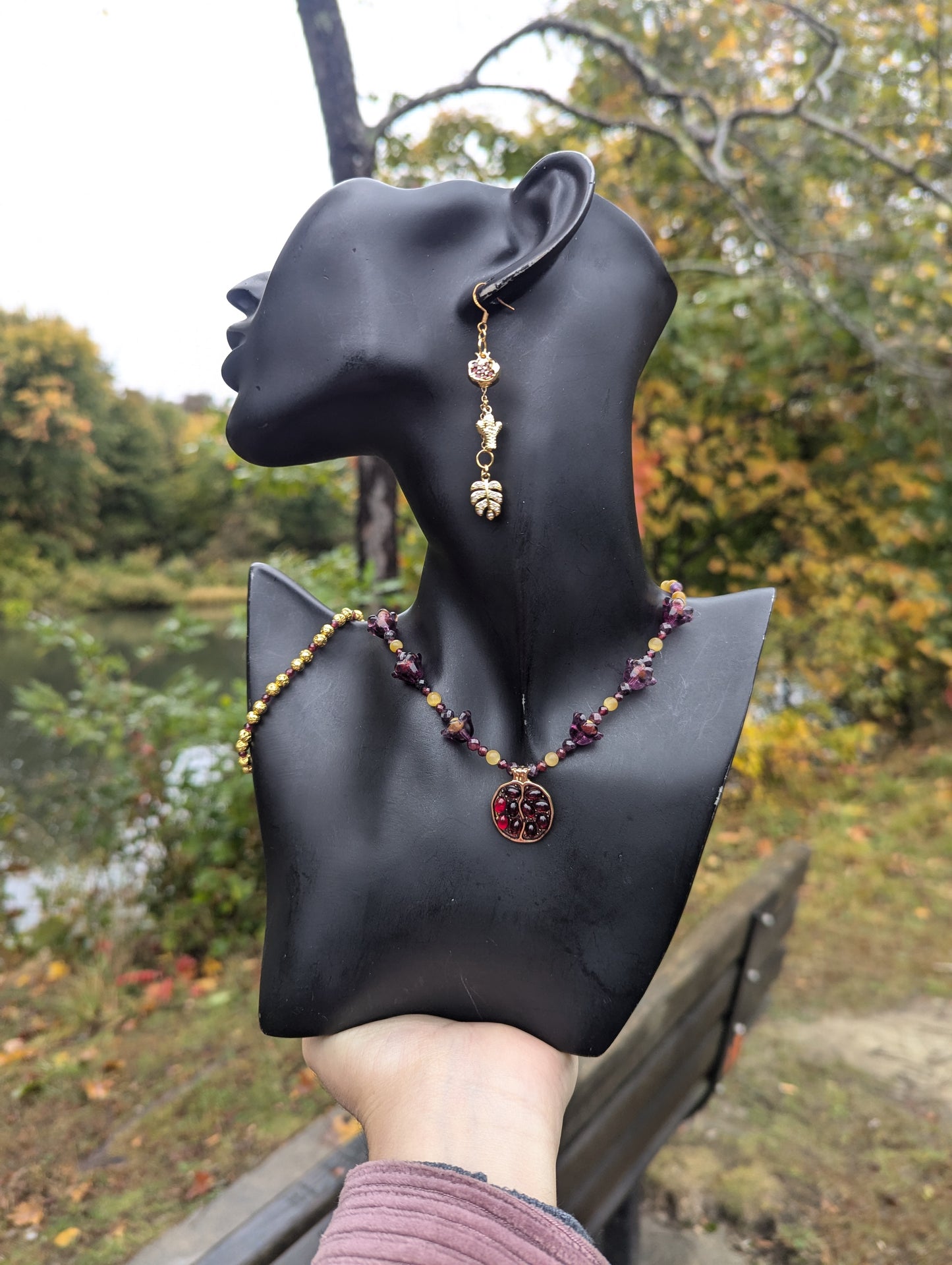 ISRAEL Pomegranate and Bellflowers Set with Garnet, Tiger's Eye and Garnet Gemstones