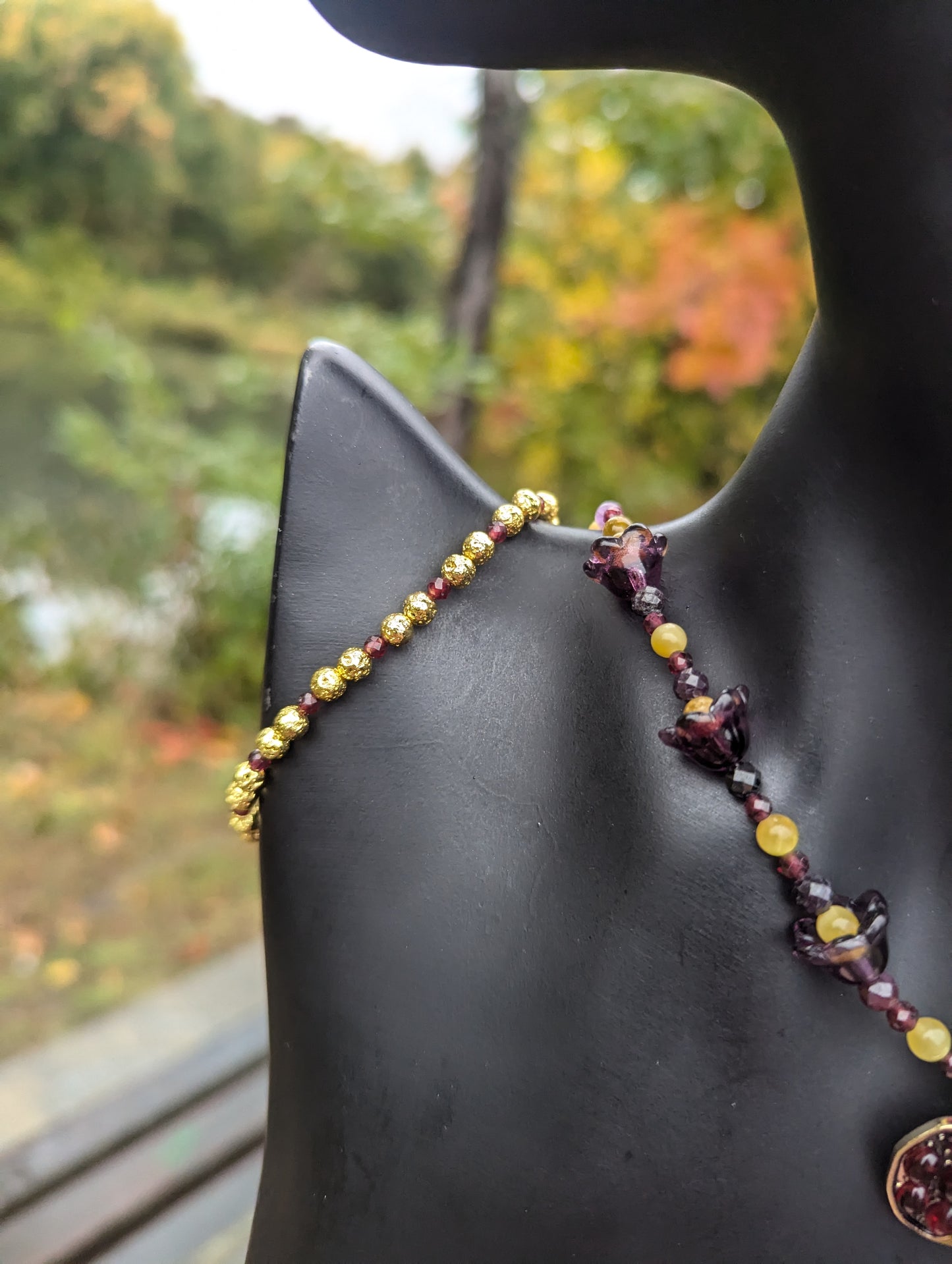 ISRAEL Pomegranate and Bellflowers Set with Garnet, Tiger's Eye and Garnet Gemstones