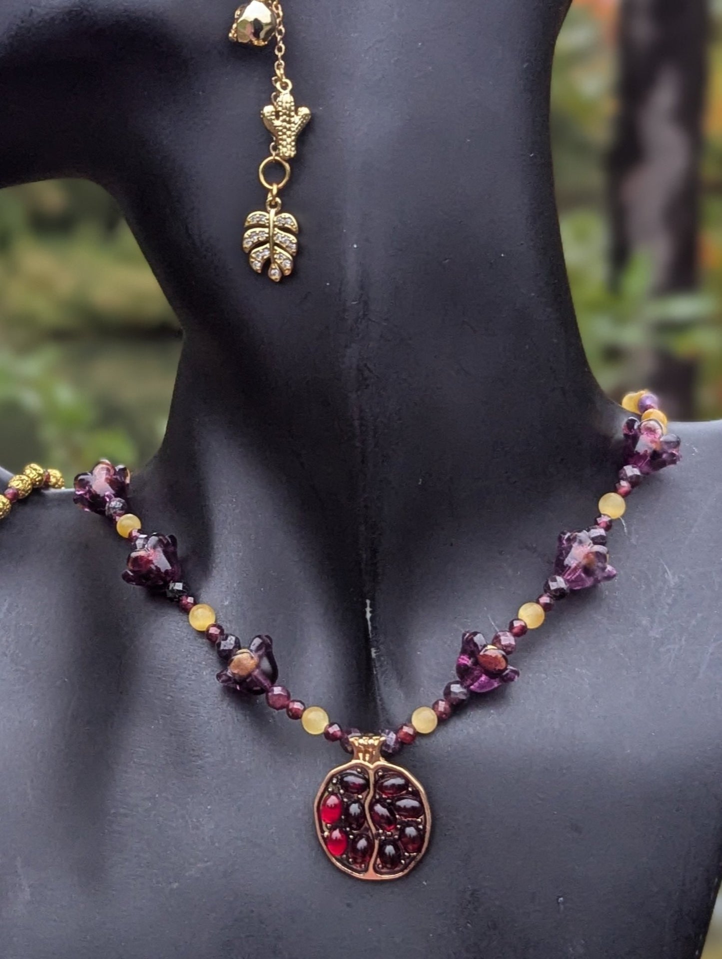 ISRAEL Pomegranate and Bellflowers Set with Garnet, Tiger's Eye and Garnet Gemstones