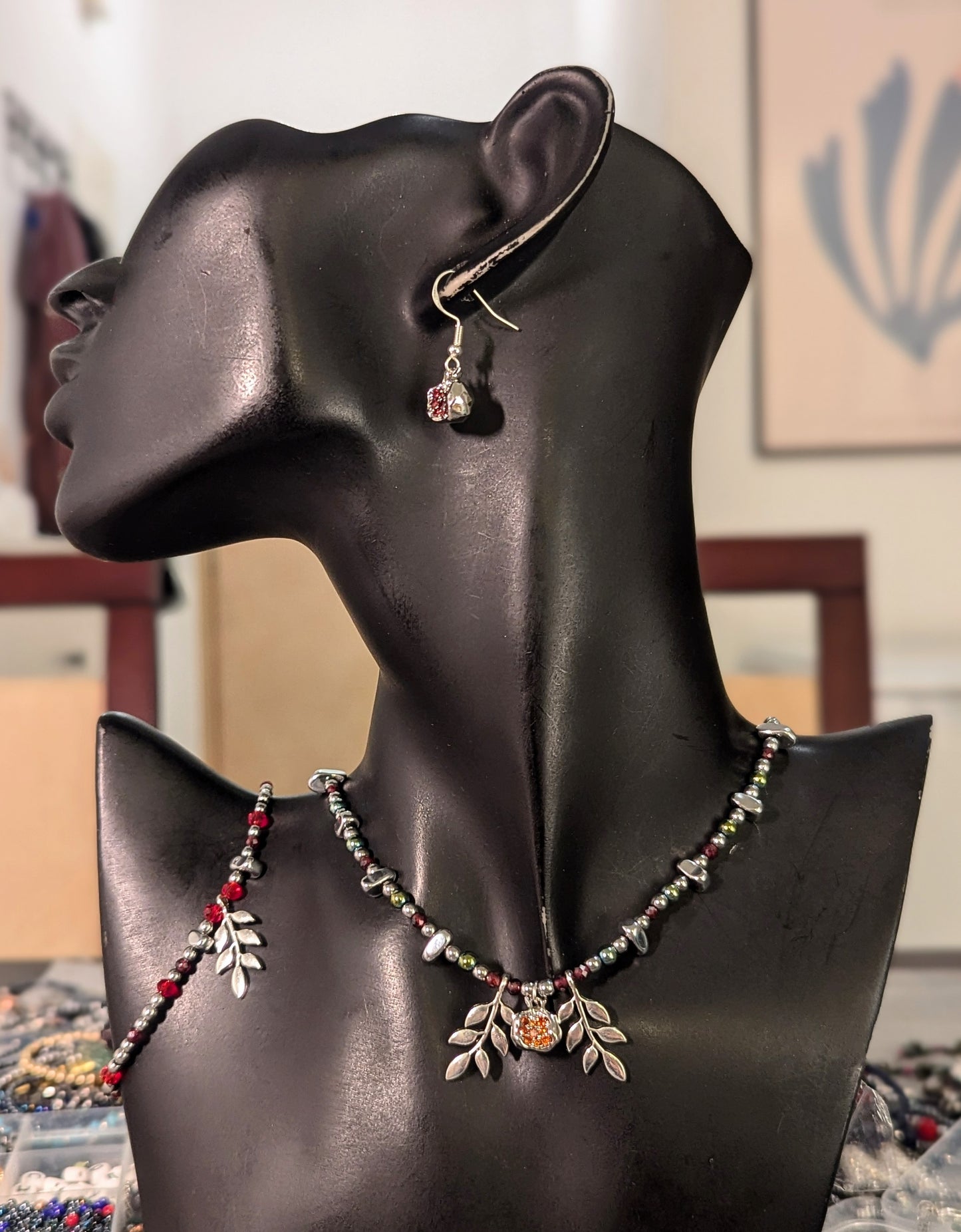 Silver Leafy Pomegranate & Garnet Set