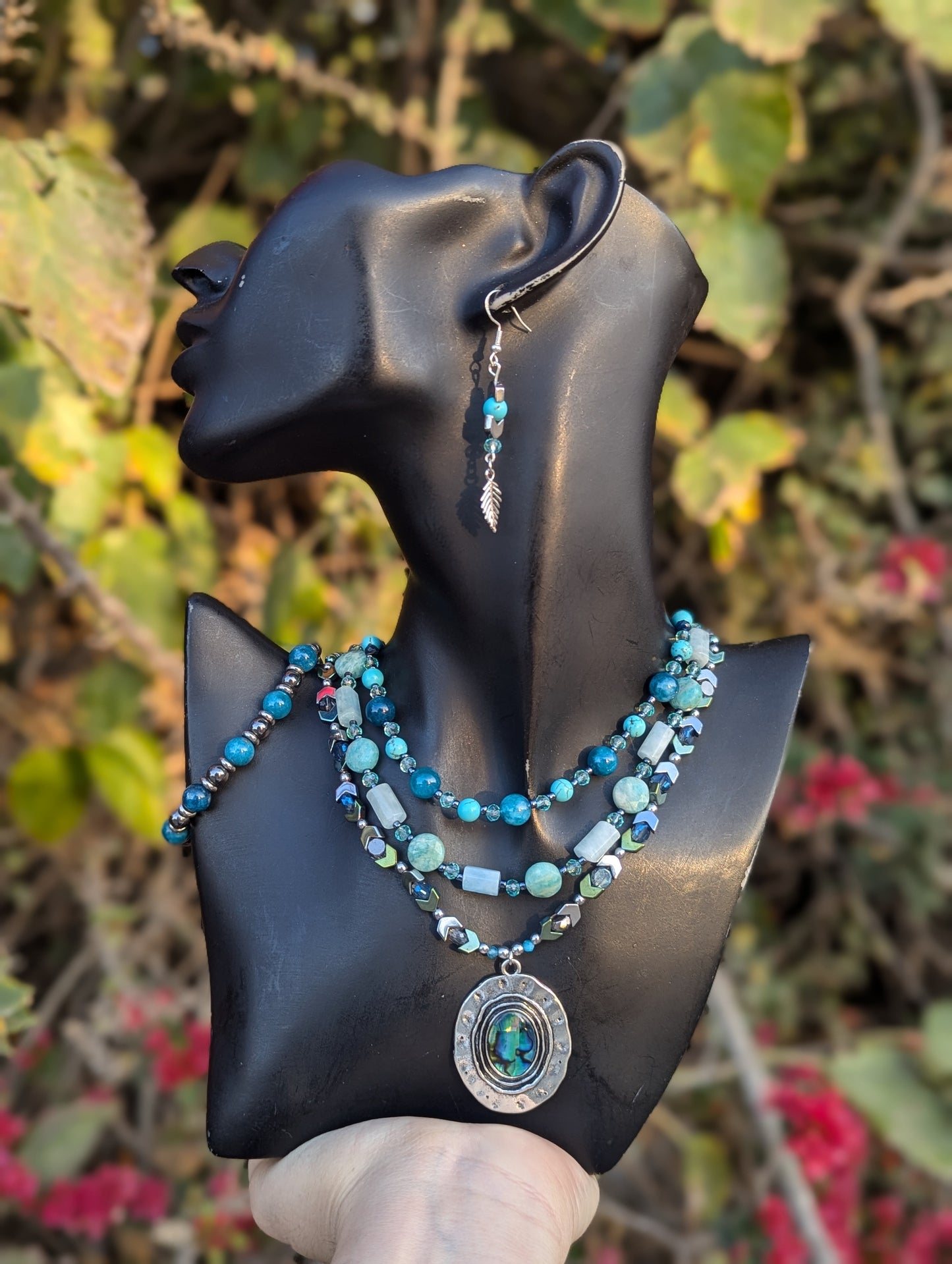 Abalone Shell, Aquamarine & Apatite Gemstone Layered Set