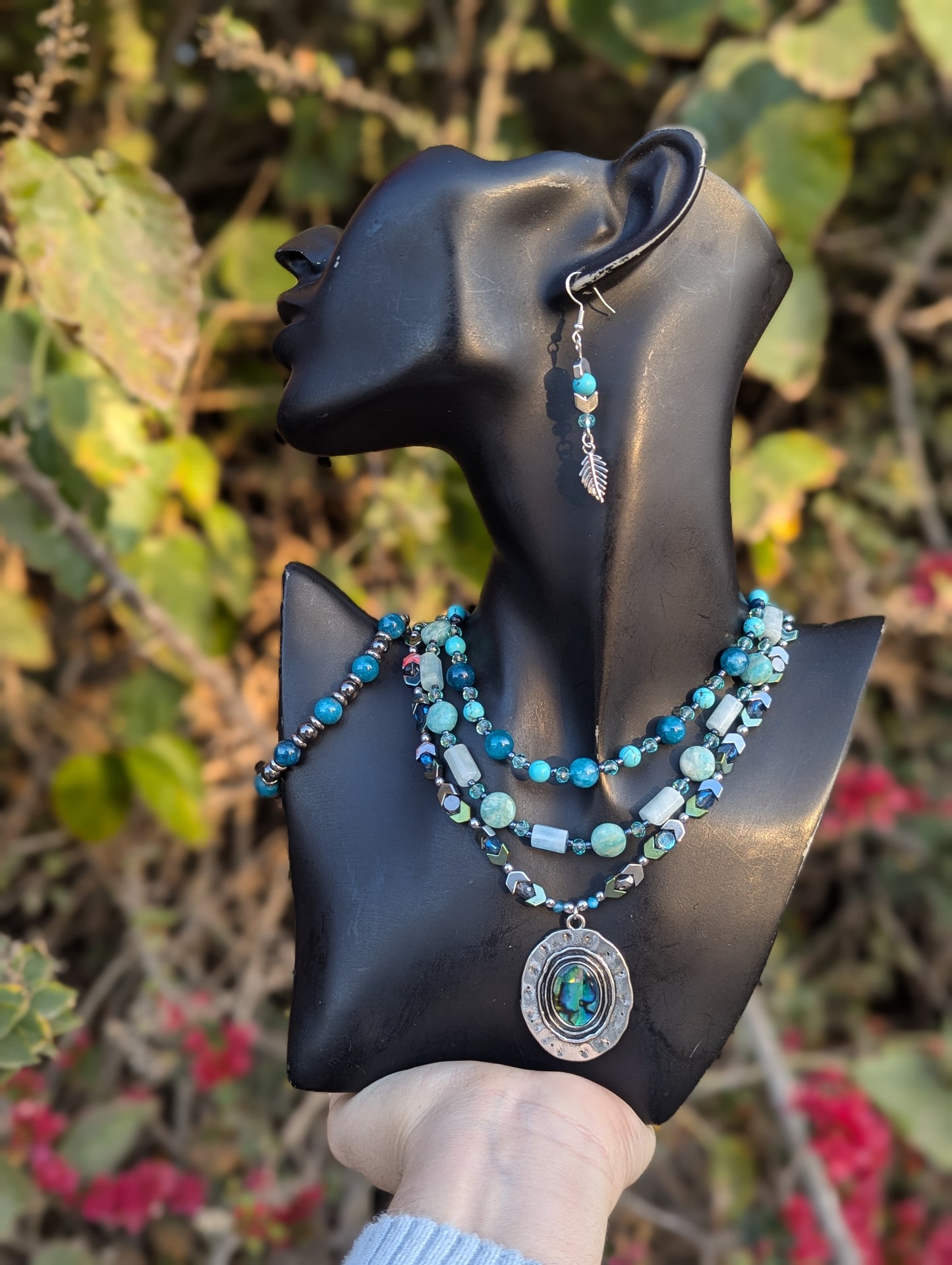 Abalone Shell, Aquamarine & Apatite Gemstone Layered Set