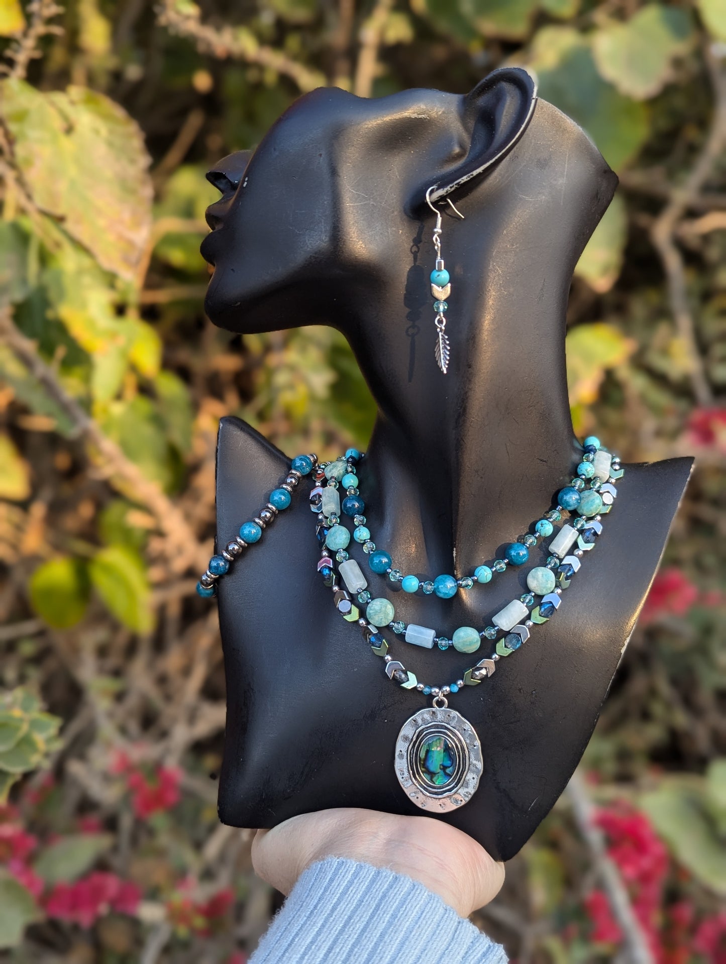 Abalone Shell, Aquamarine & Apatite Gemstone Layered Set