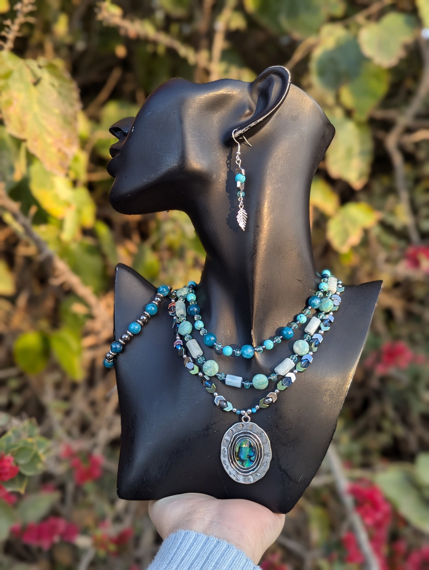 Abalone Shell, Aquamarine & Apatite Gemstone Layered Set