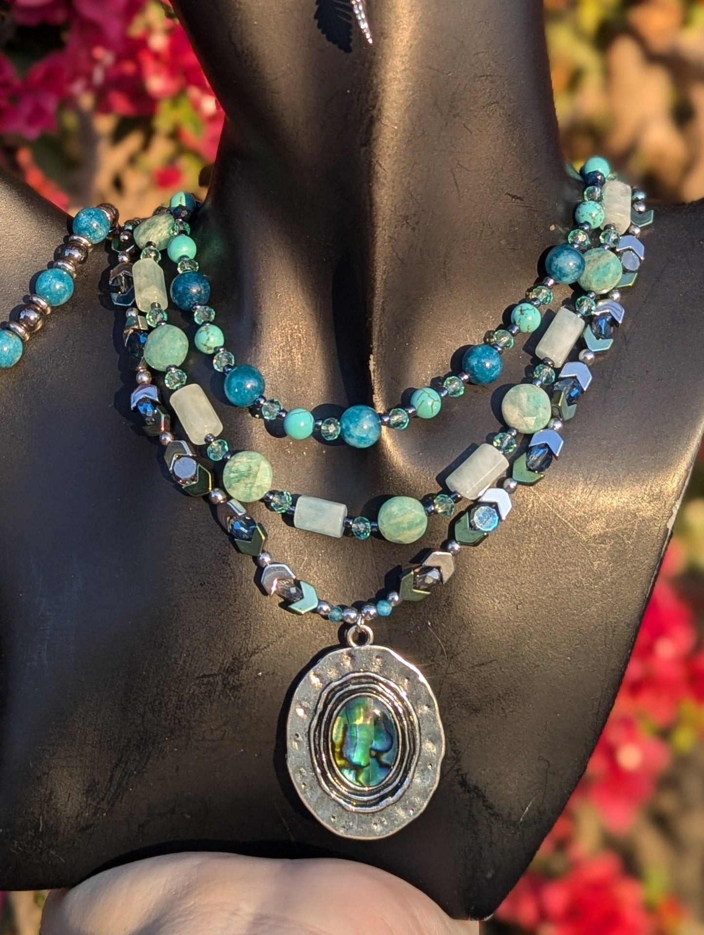 Abalone Shell, Aquamarine & Apatite Gemstone Layered Set