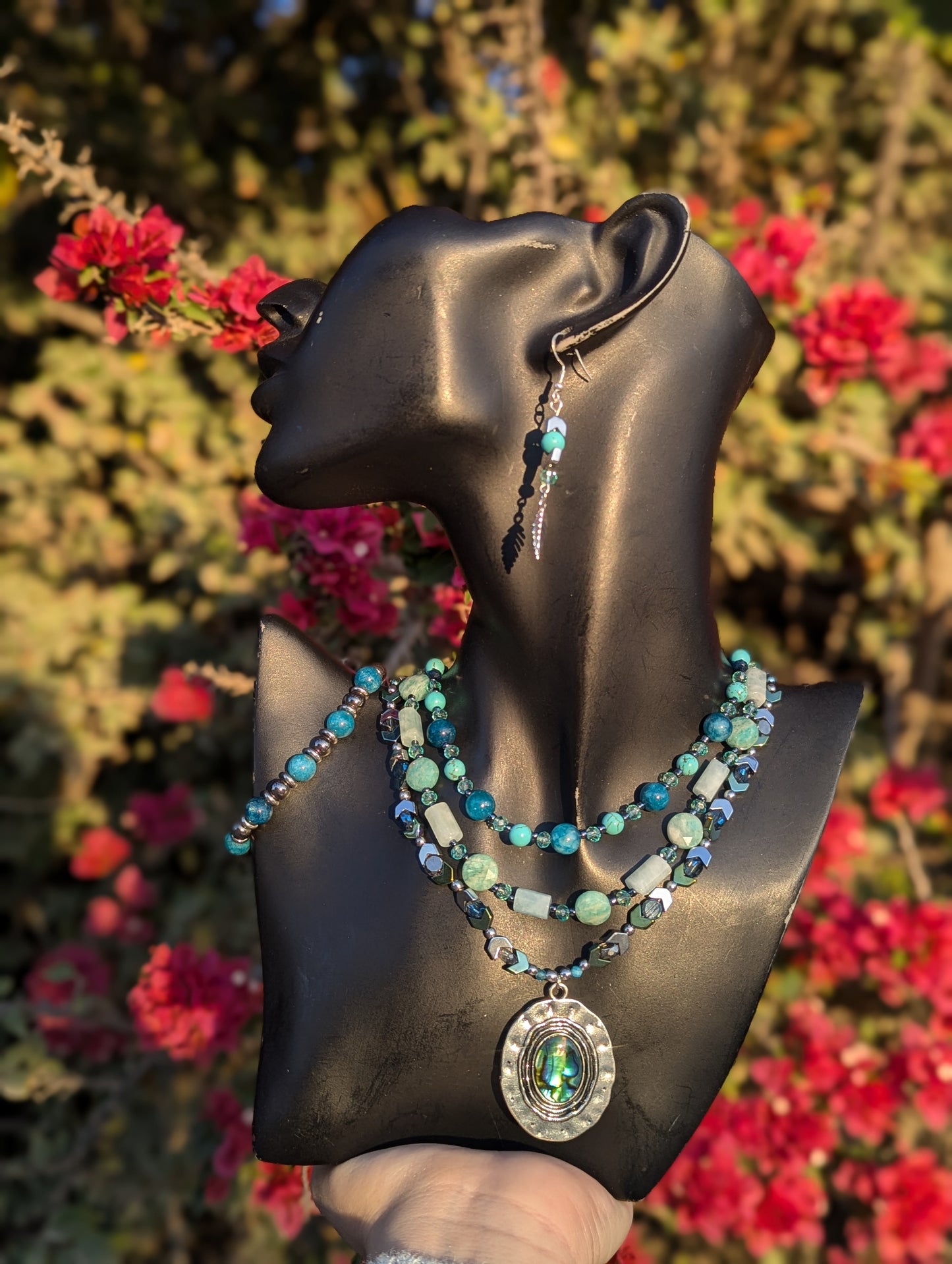 Abalone Shell, Aquamarine & Apatite Gemstone Layered Set