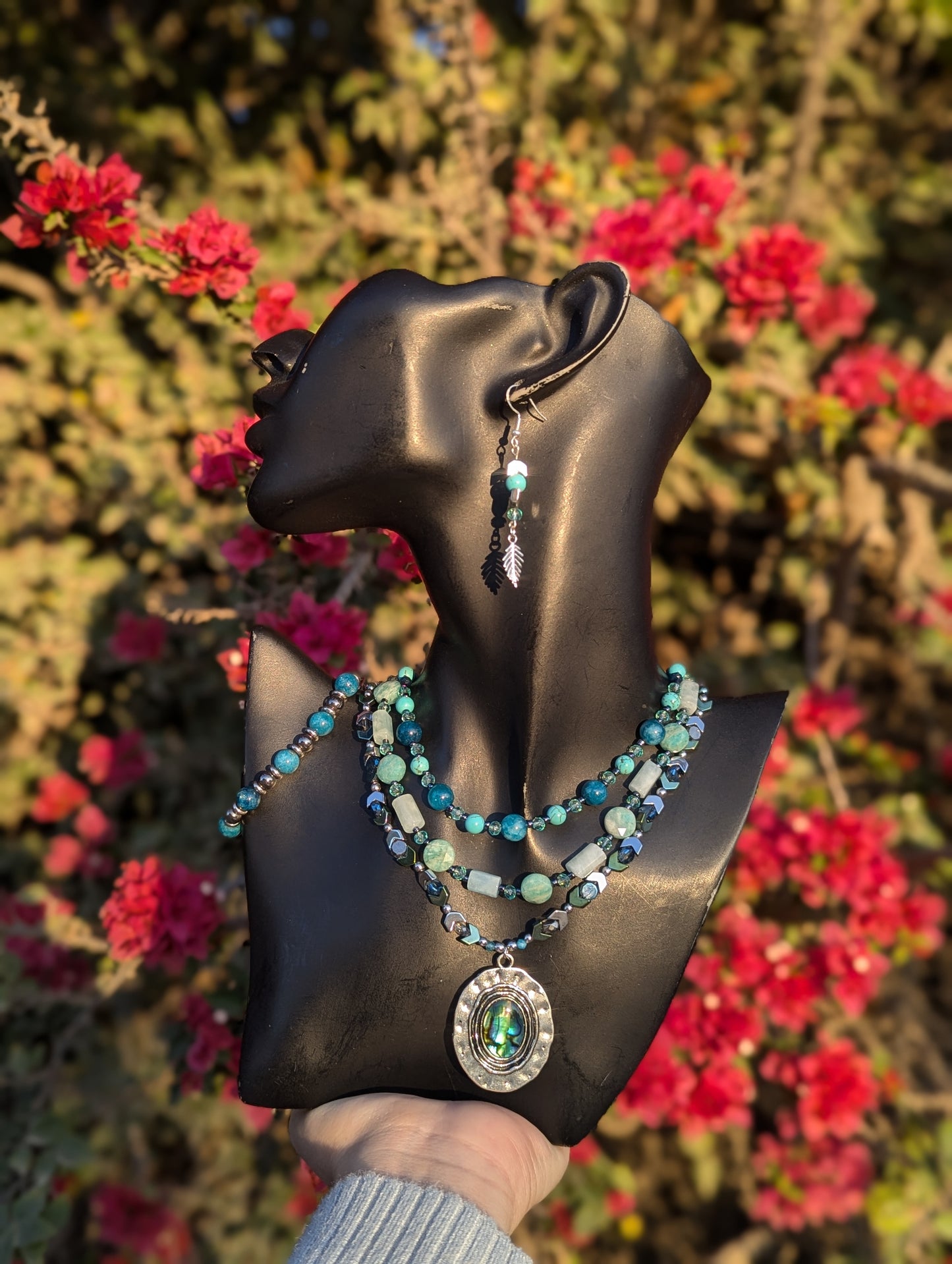 Abalone Shell, Aquamarine & Apatite Gemstone Layered Set