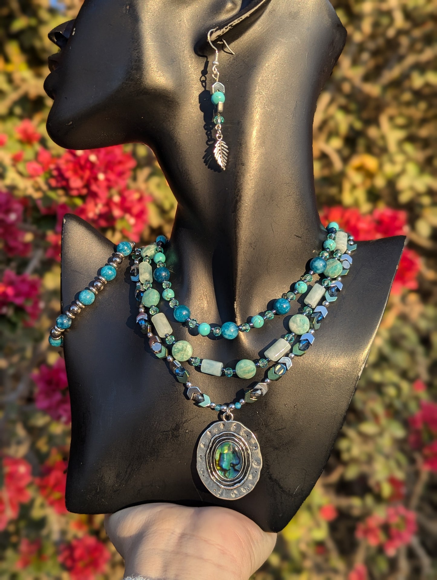 Abalone Shell, Aquamarine & Apatite Gemstone Layered Set