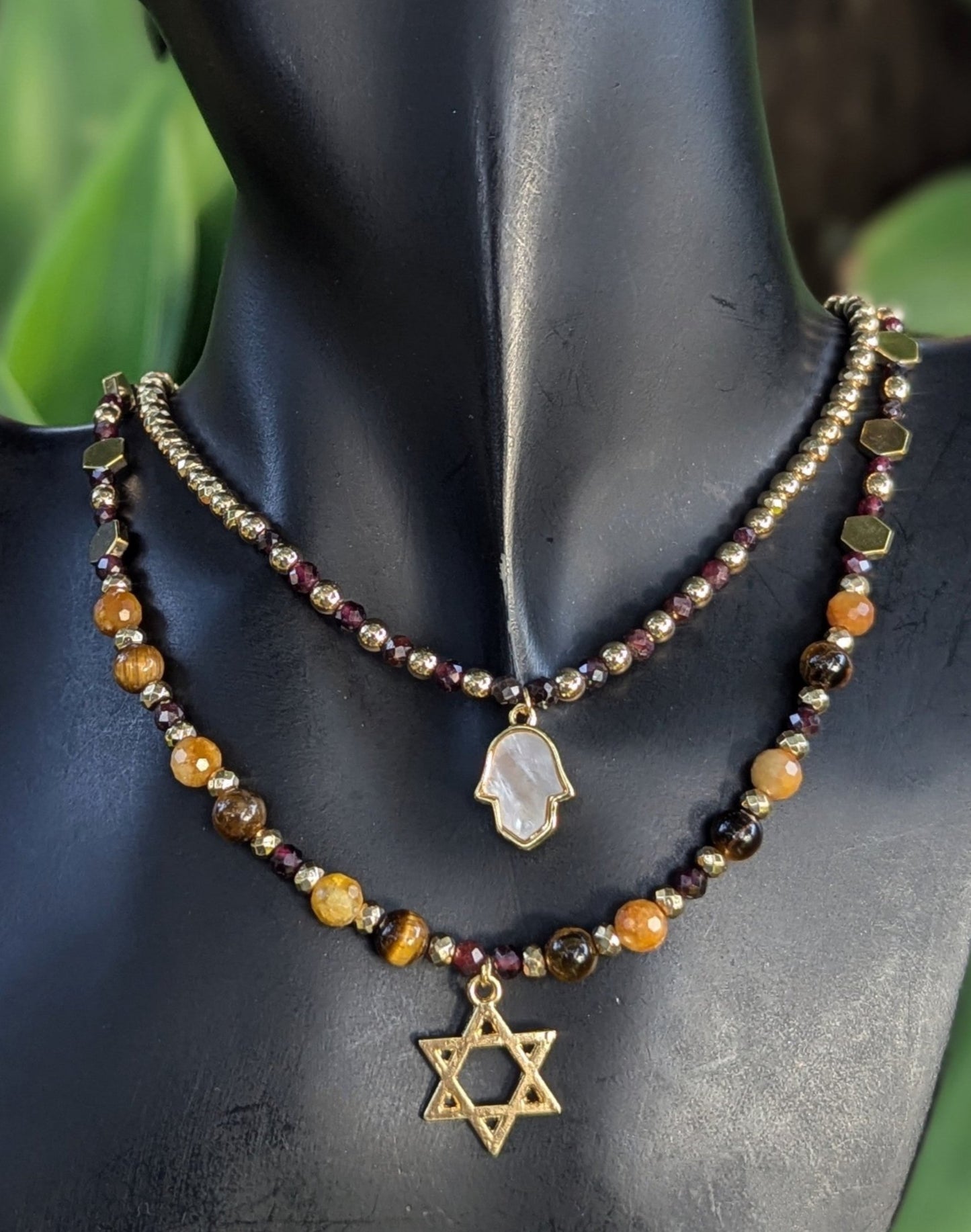 Garnet, Jade and Tiger's Eye beaded Hamsa & Magen David Layered Set