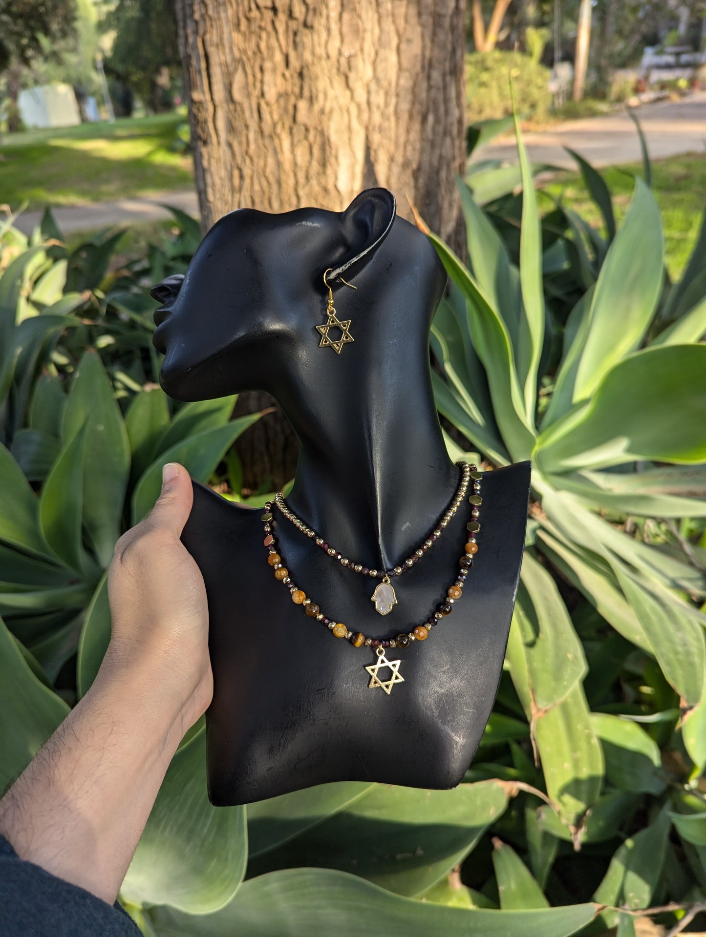 Garnet, Jade and Tiger's Eye beaded Hamsa & Magen David Layered Set