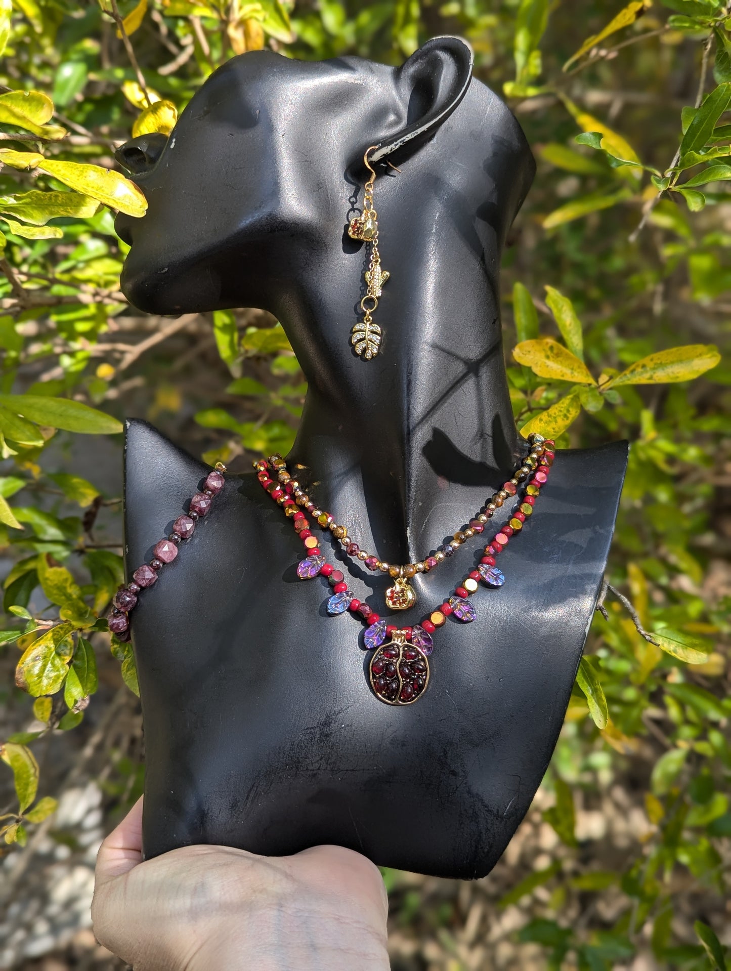 Leafy Gold Pomegranate, Garnet, Tiger's Eye Layered Set