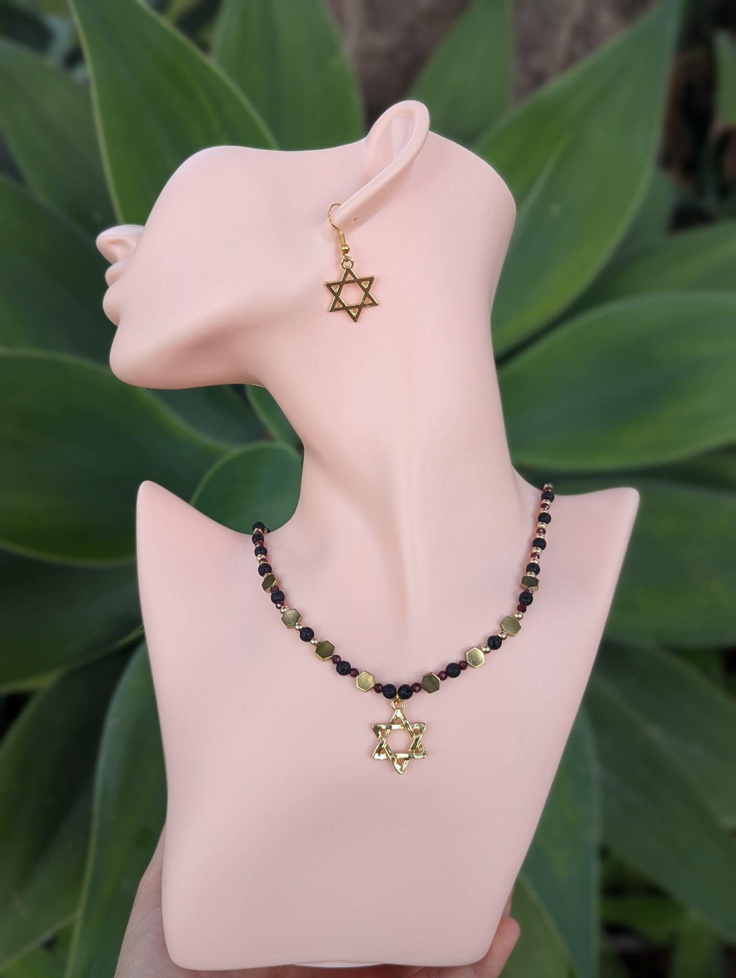 Dark Red and Black Gold Magen David Set with Garnet Gemstones