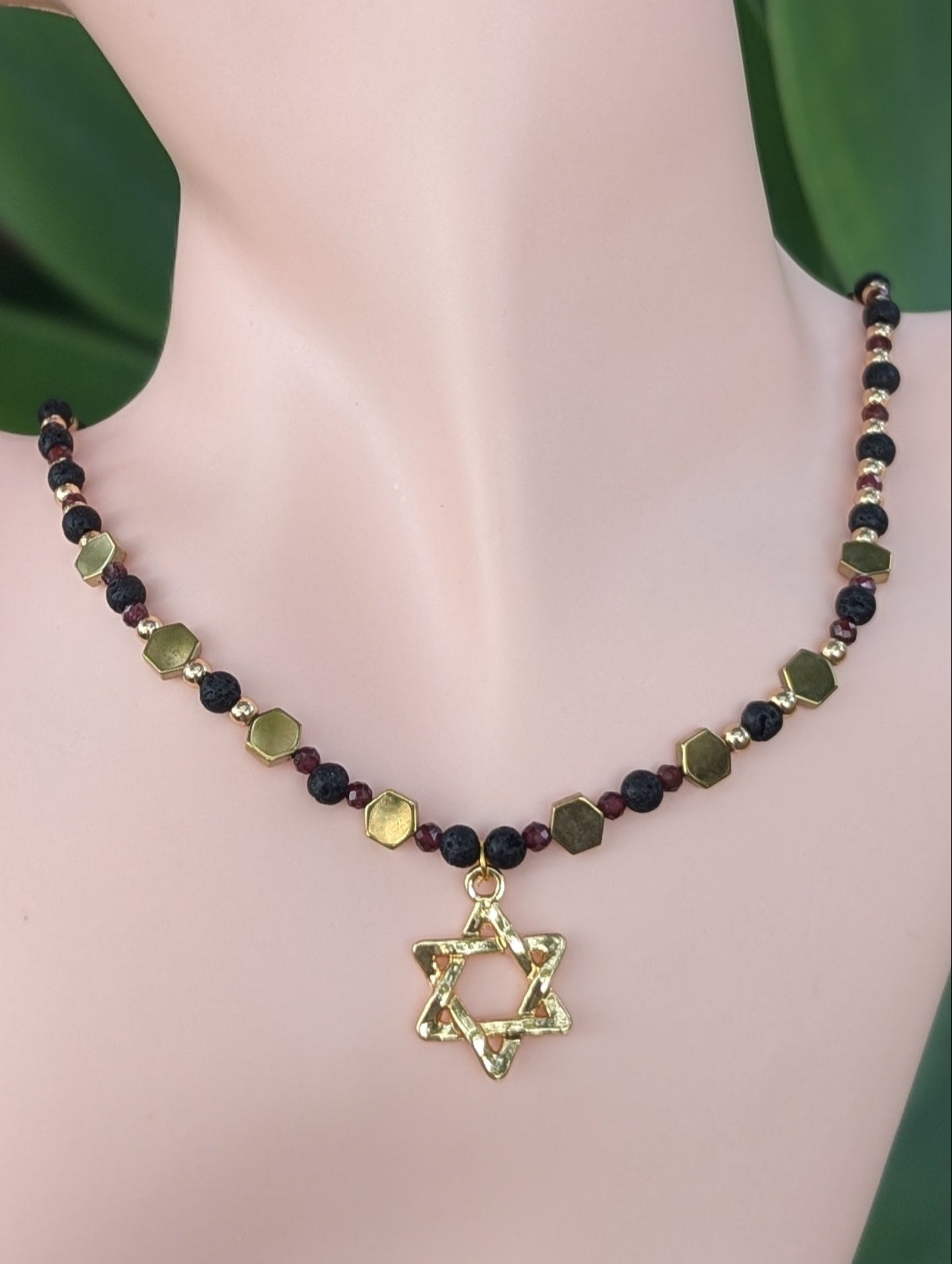Dark Red and Black Gold Magen David Set with Garnet Gemstones