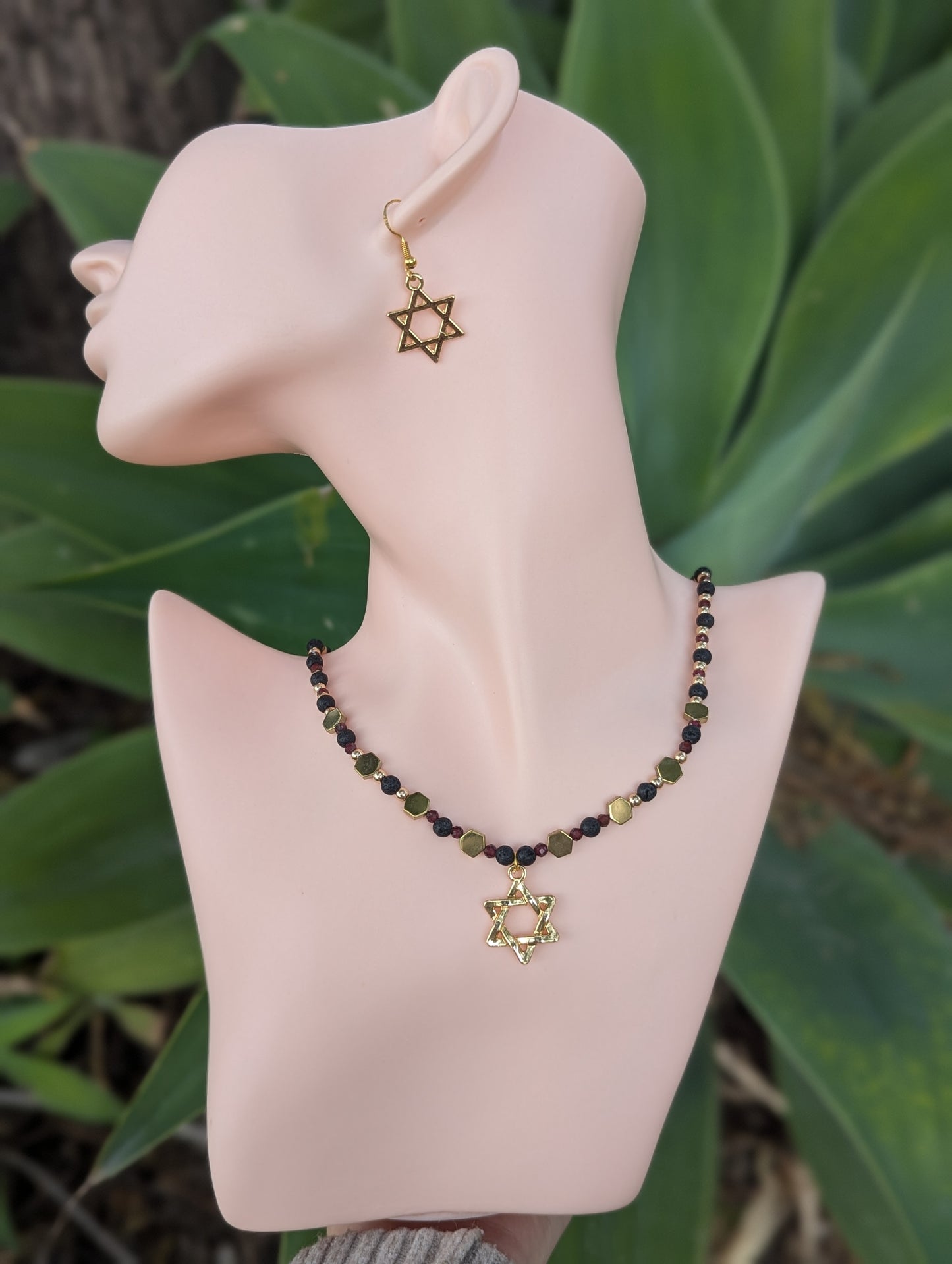 Dark Red and Black Gold Magen David Set with Garnet Gemstones