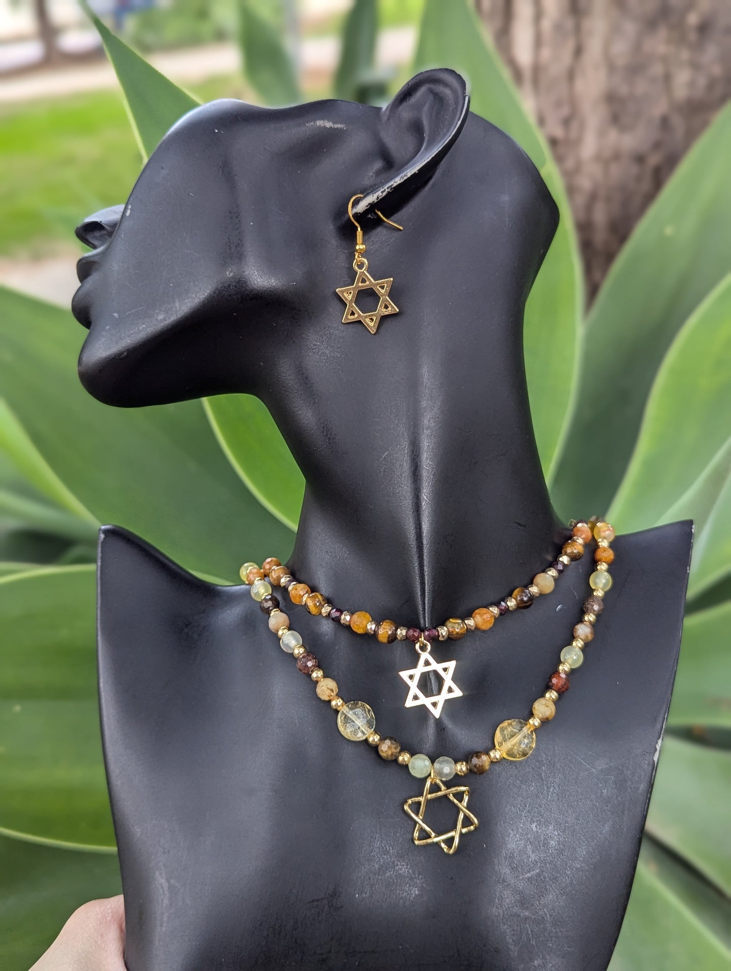 Jasper, Citrine and Tiger's Eye Beaded Gold plated Magen David Layered Set