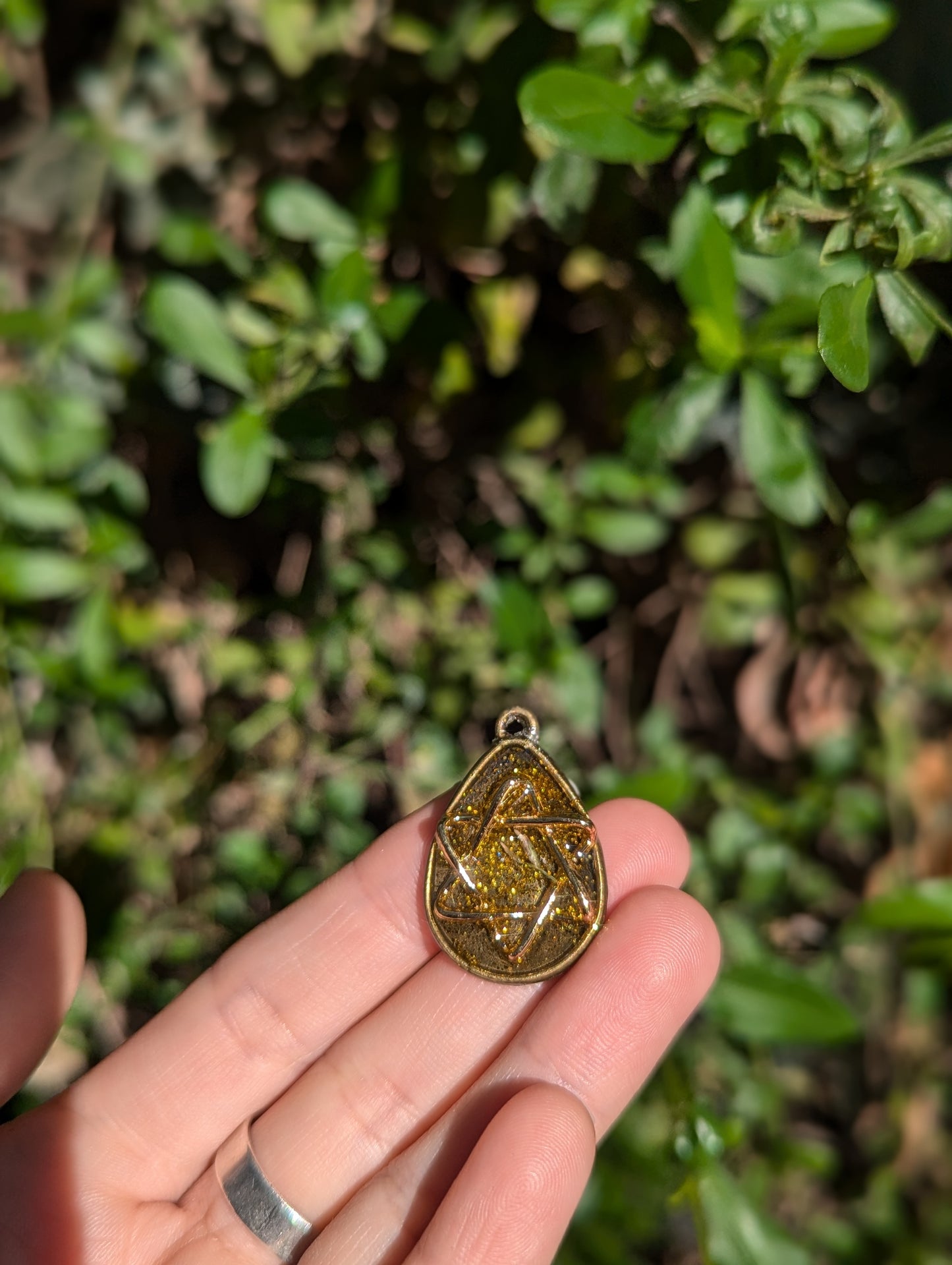 Israel Encapsulated: Oval Resin Plant, Gold Glitter and Soft Gold Plated Star of David