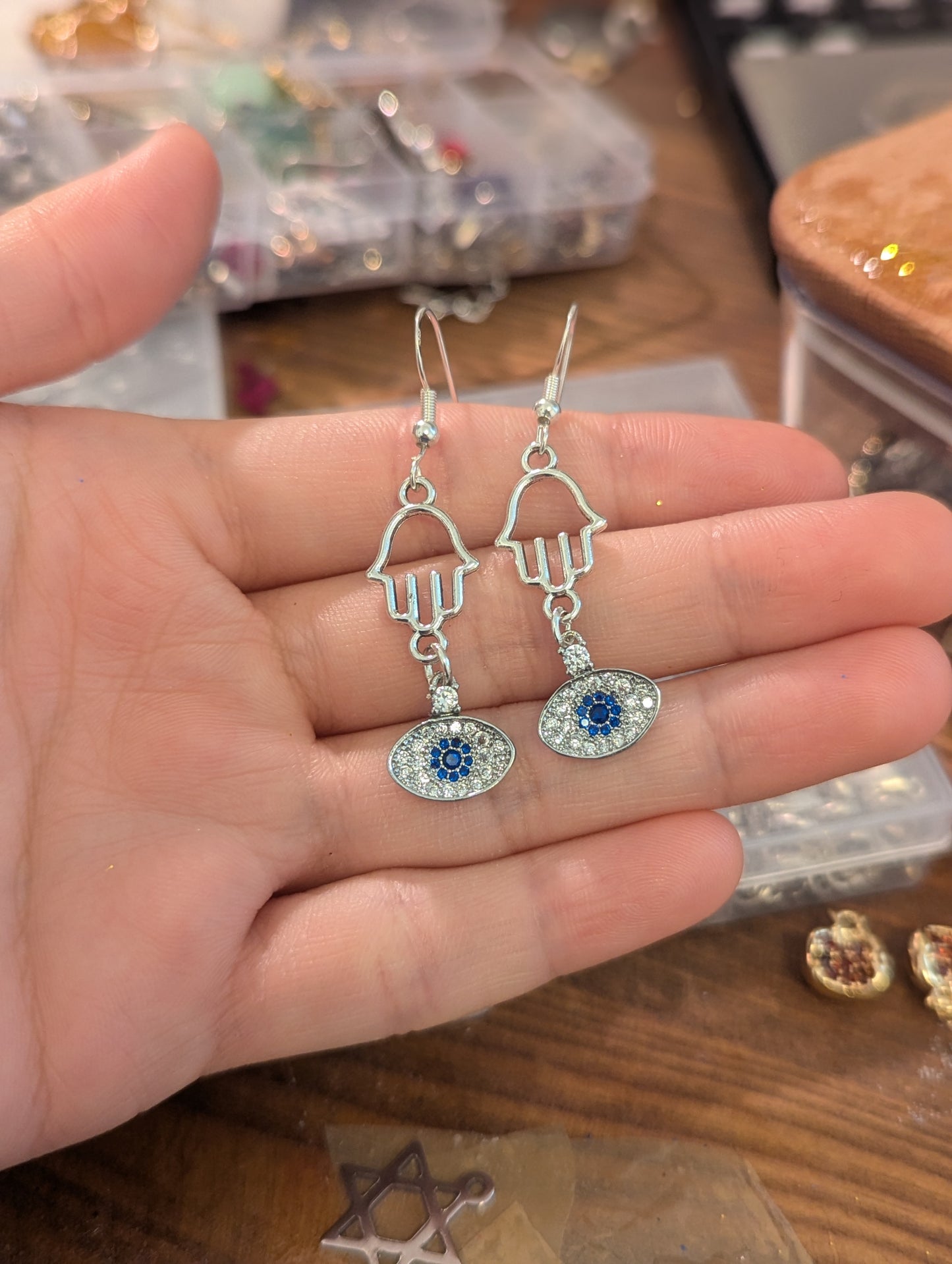 Hamsa Evil Eye Sterling Silver and Zirconia Earrings