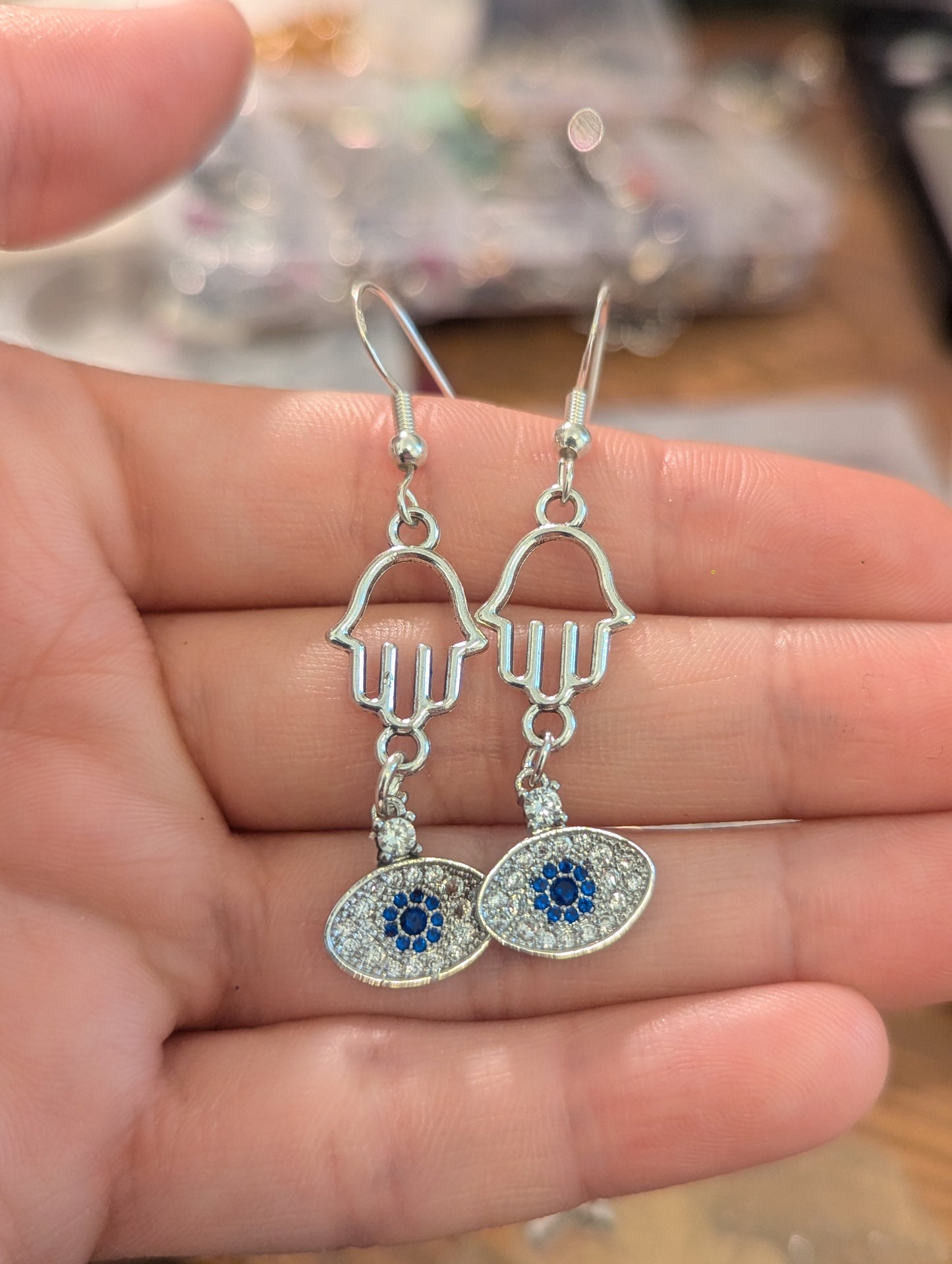 Hamsa Evil Eye Sterling Silver and Zirconia Earrings