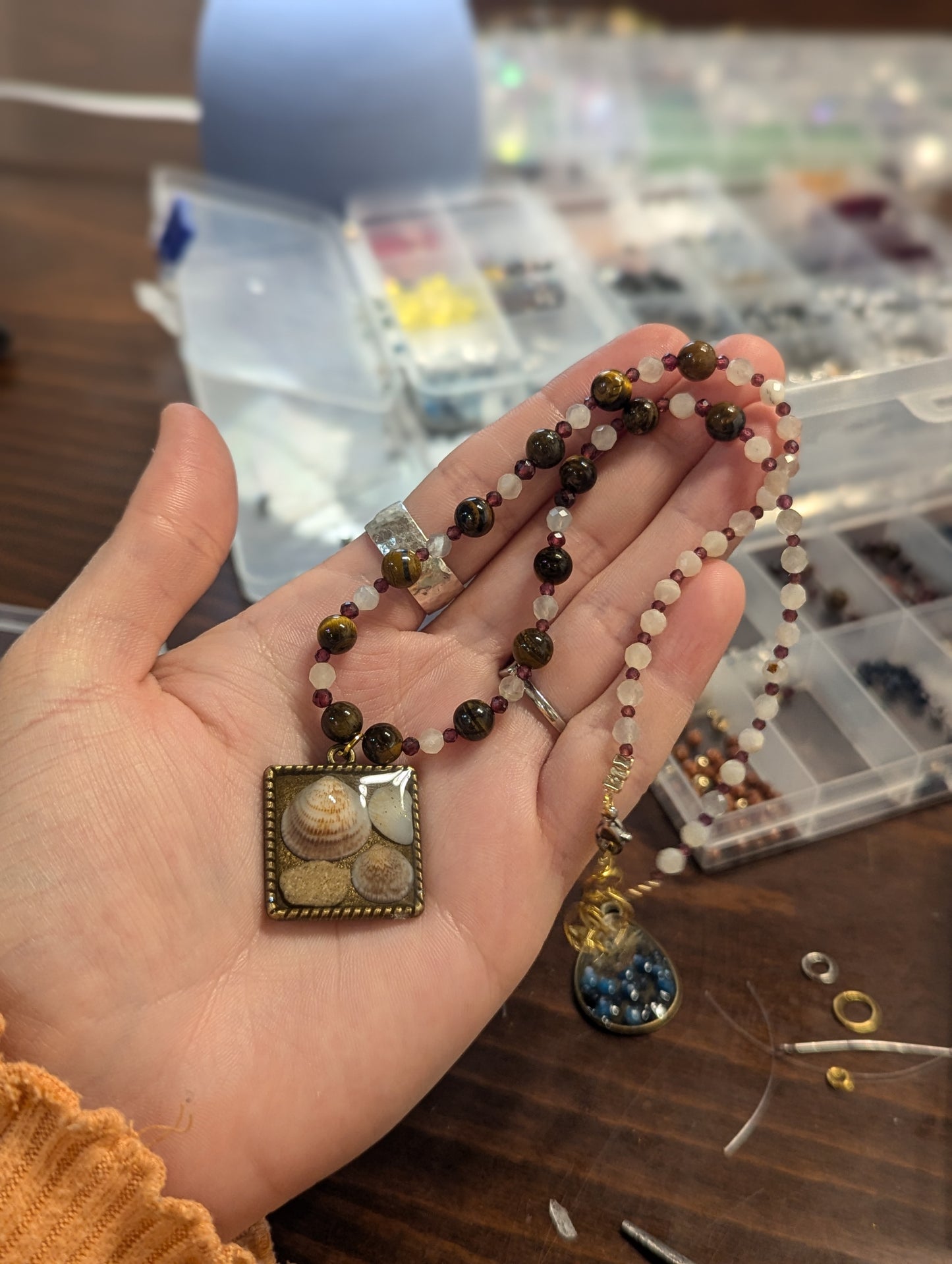 Israel Encapsulated: Shells and Sand Stones in Resin, Moonstone, Tiger's Eye and Garnet Gemstones Beaded Necklace