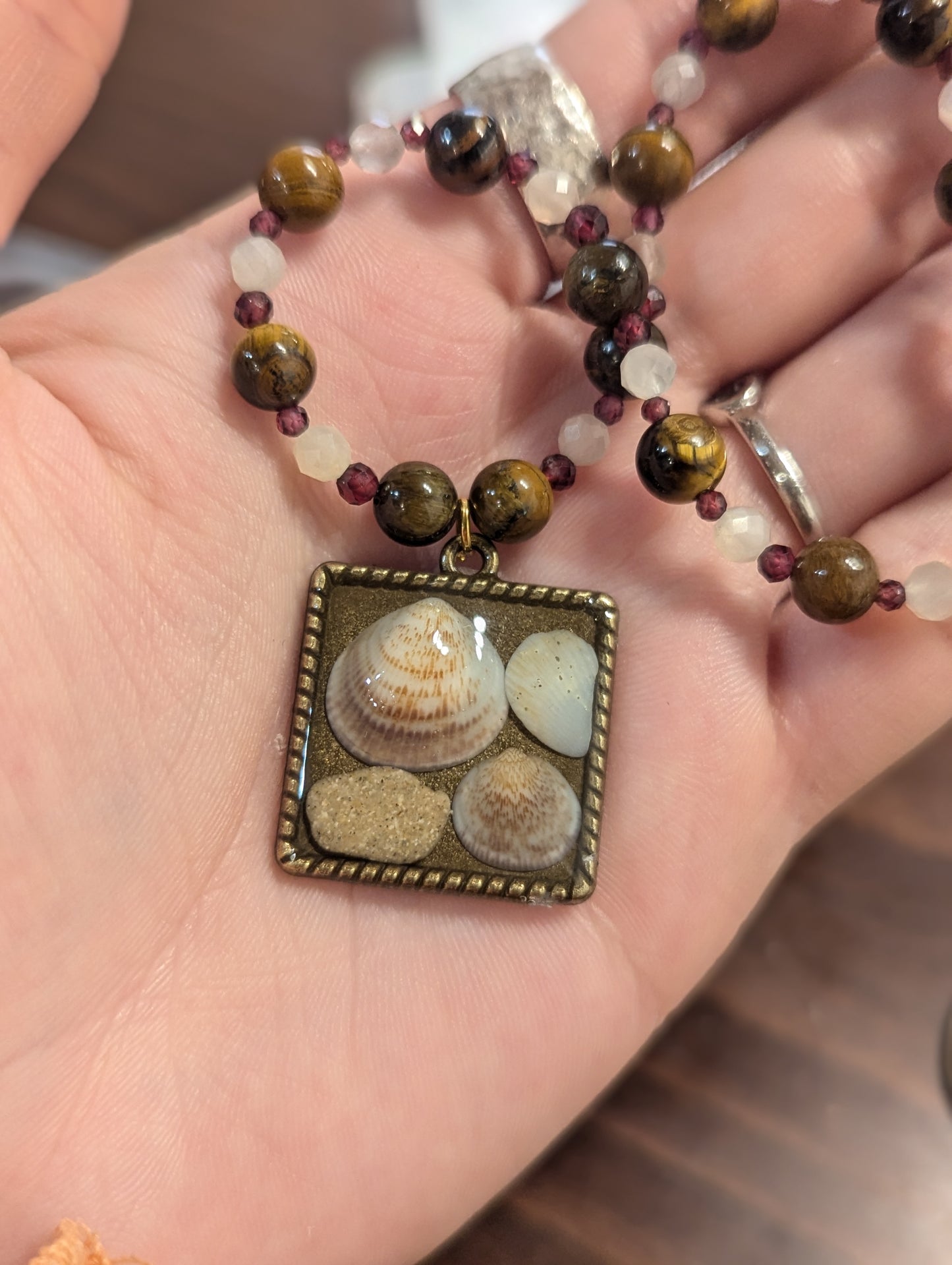 Israel Encapsulated: Shells and Sand Stones in Resin, Moonstone, Tiger's Eye and Garnet Gemstones Beaded Necklace