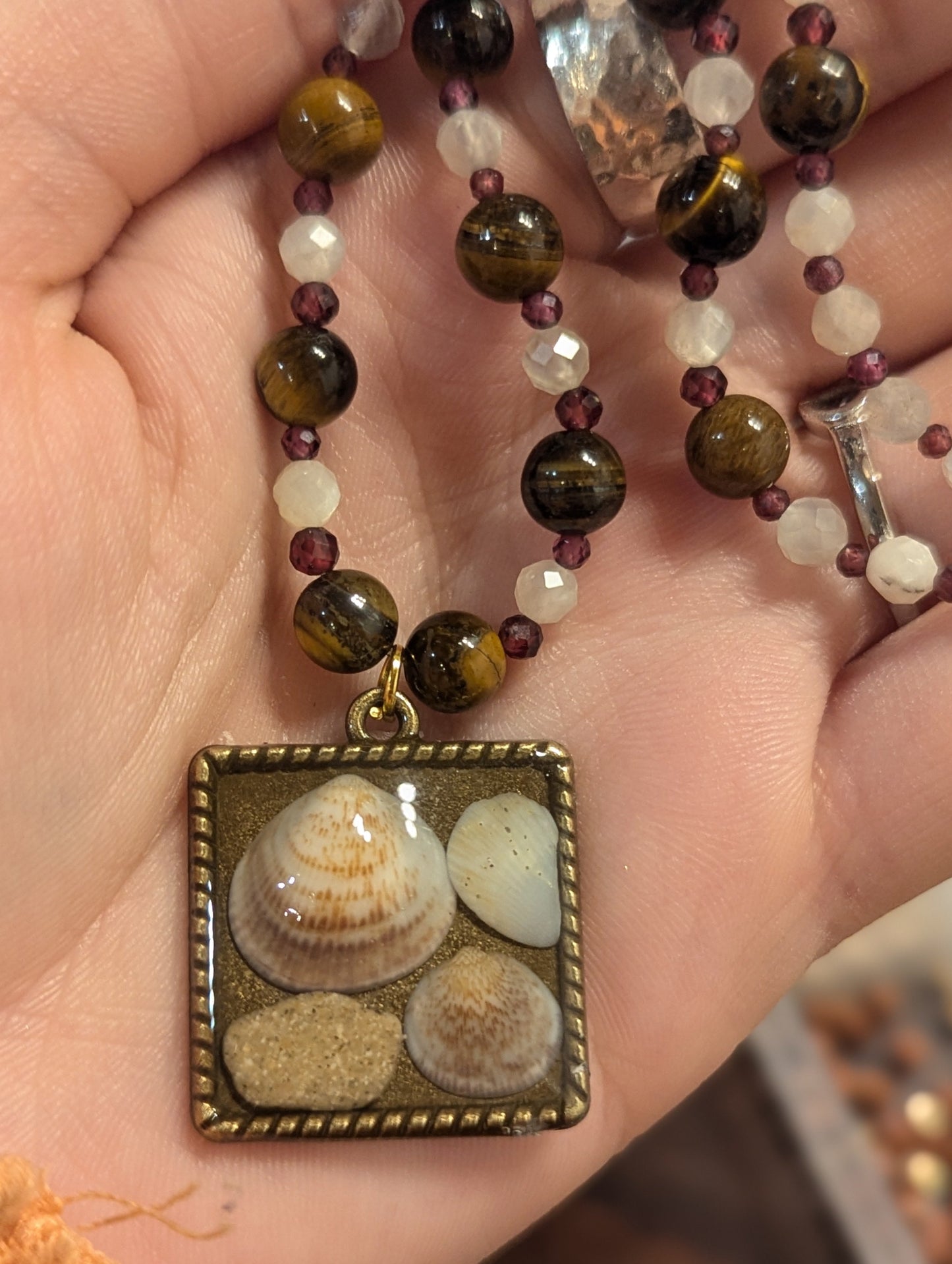 Israel Encapsulated: Shells and Sand Stones in Resin, Moonstone, Tiger's Eye and Garnet Gemstones Beaded Necklace