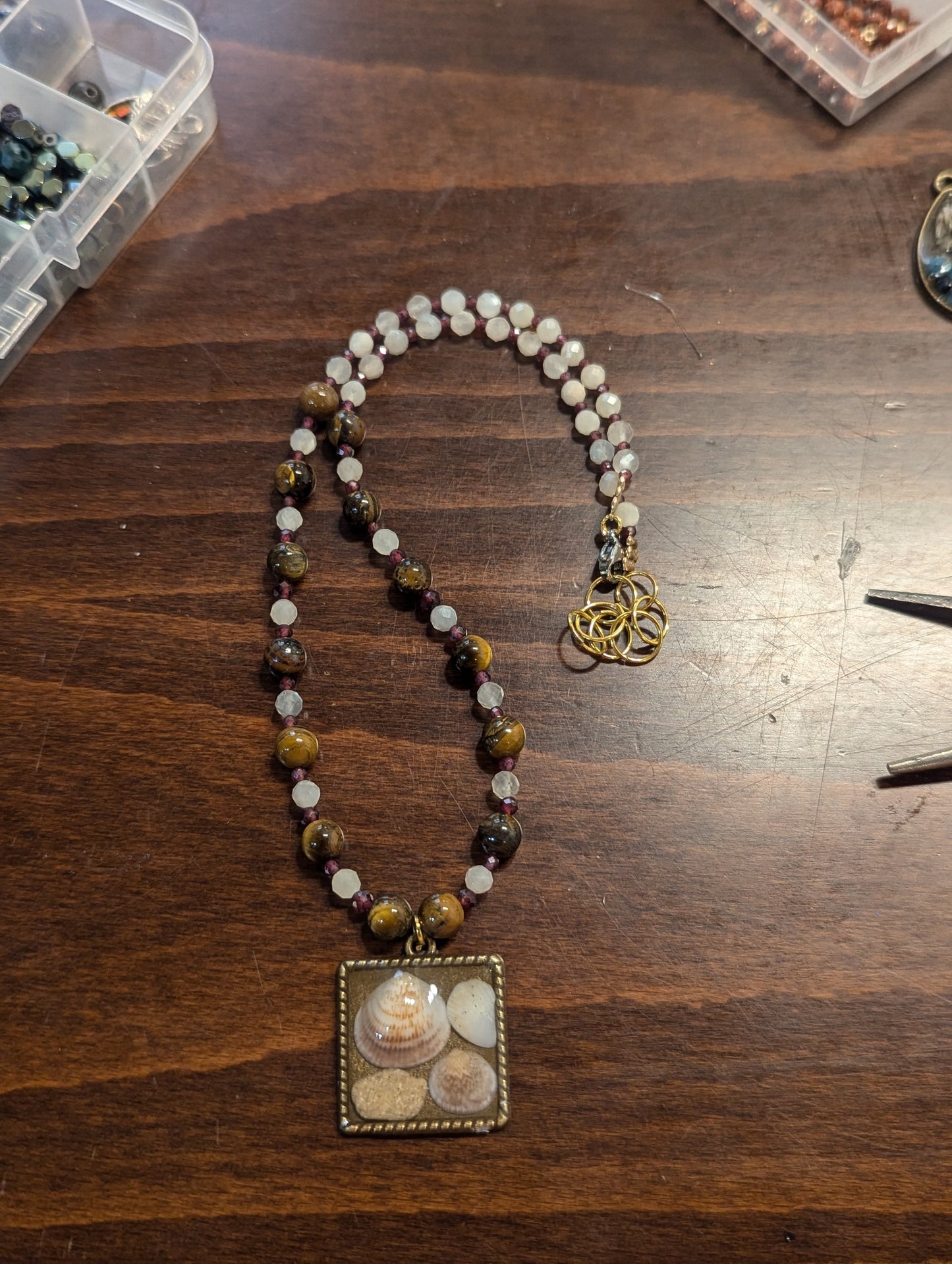 Israel Encapsulated: Shells and Sand Stones in Resin, Moonstone, Tiger's Eye and Garnet Gemstones Beaded Necklace