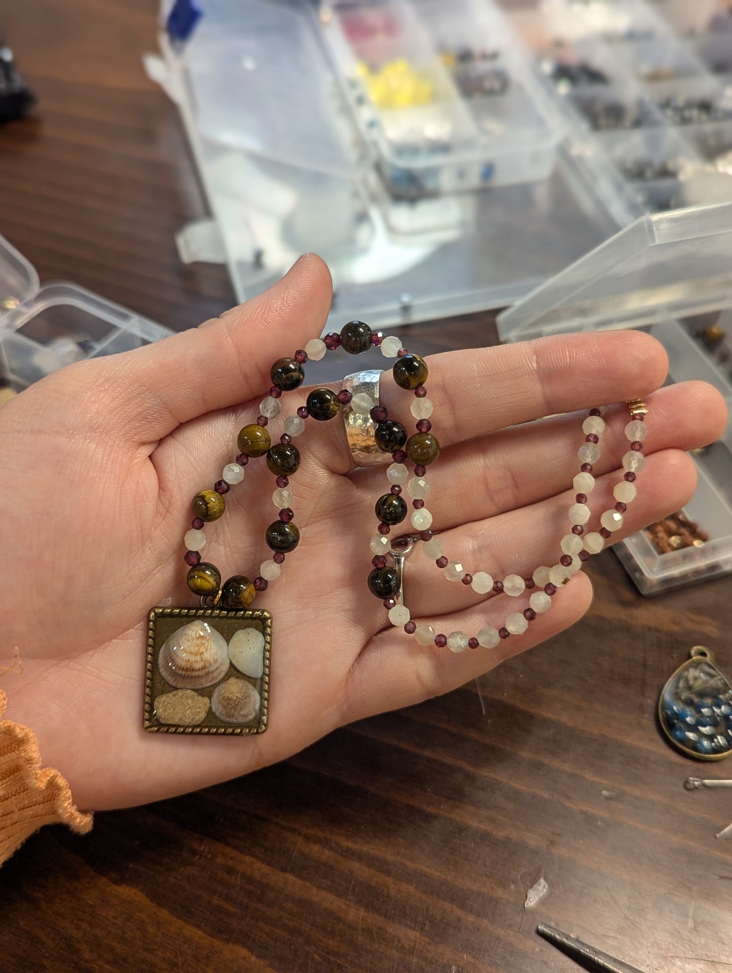 Israel Encapsulated: Shells and Sand Stones in Resin, Moonstone, Tiger's Eye and Garnet Gemstones Beaded Necklace
