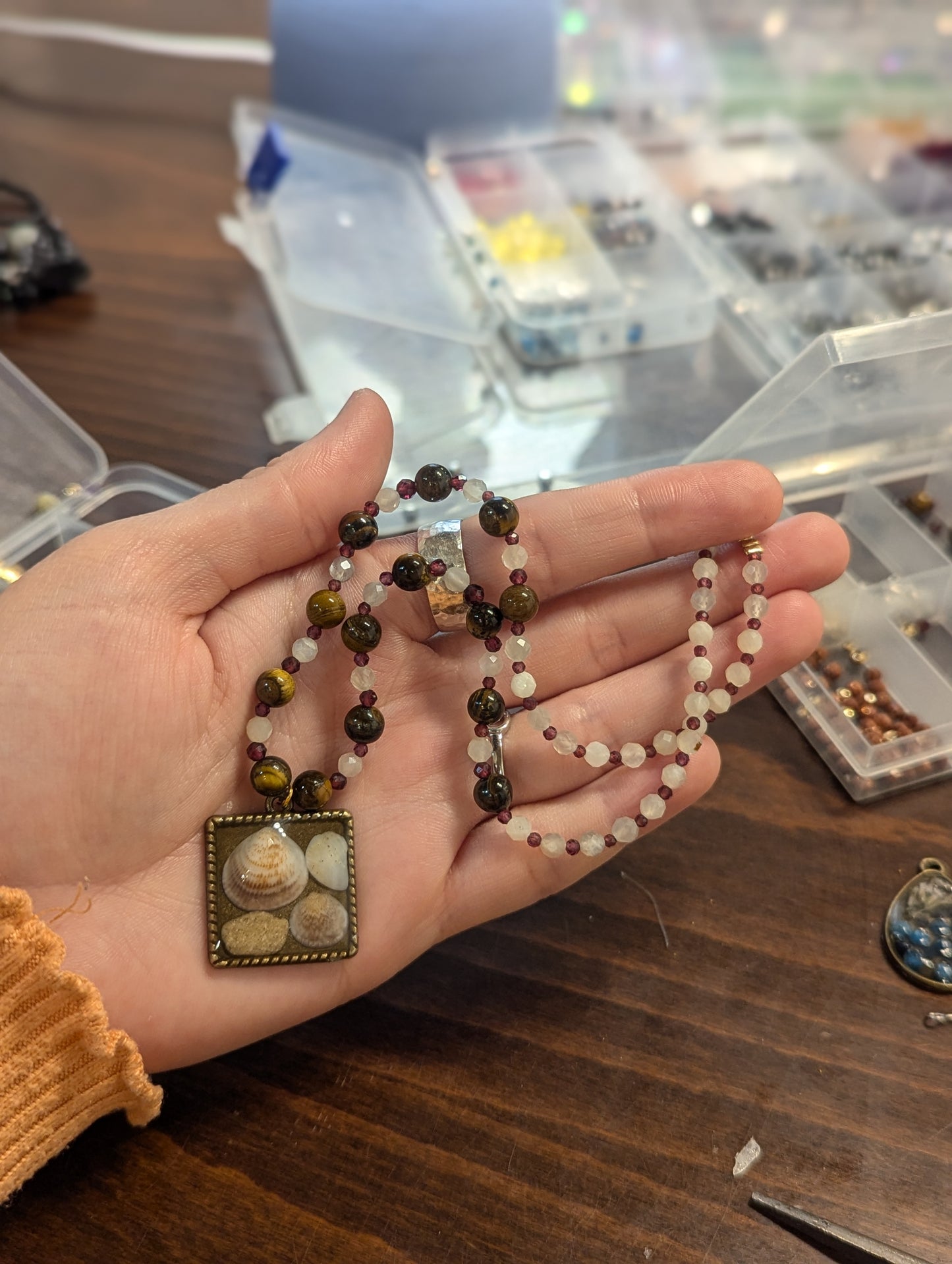 Israel Encapsulated: Shells and Sand Stones in Resin, Moonstone, Tiger's Eye and Garnet Gemstones Beaded Necklace