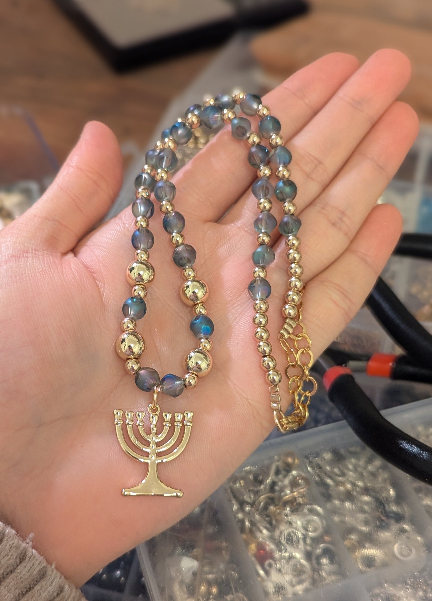 Gold Beit Mikdash Menorah Necklace with Unique Blue Beads