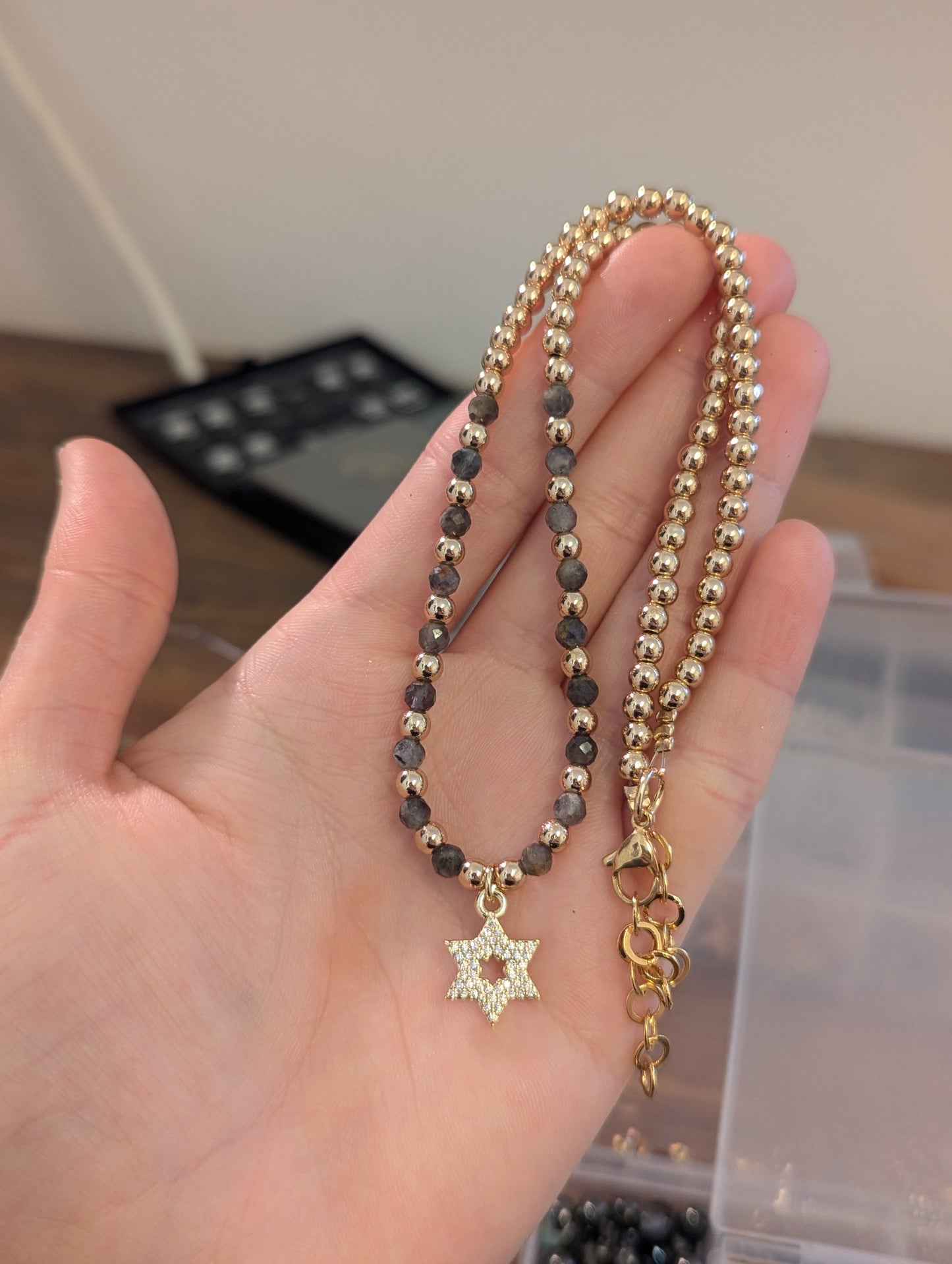 Zirconia Gold Plated Star of David, Golden and Labradorite Gemstones Necklace