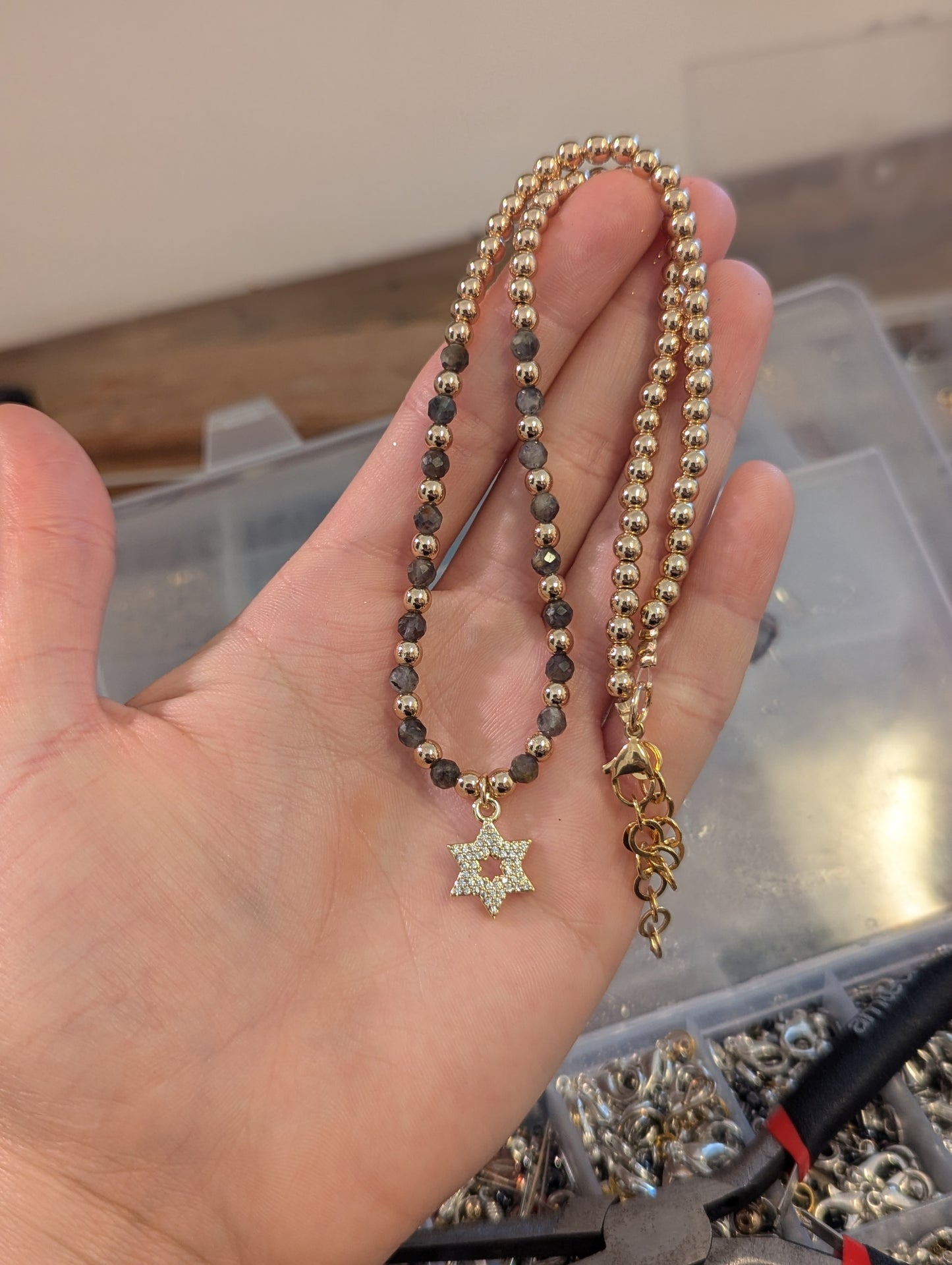 Zirconia Gold Plated Star of David, Golden and Labradorite Gemstones Necklace