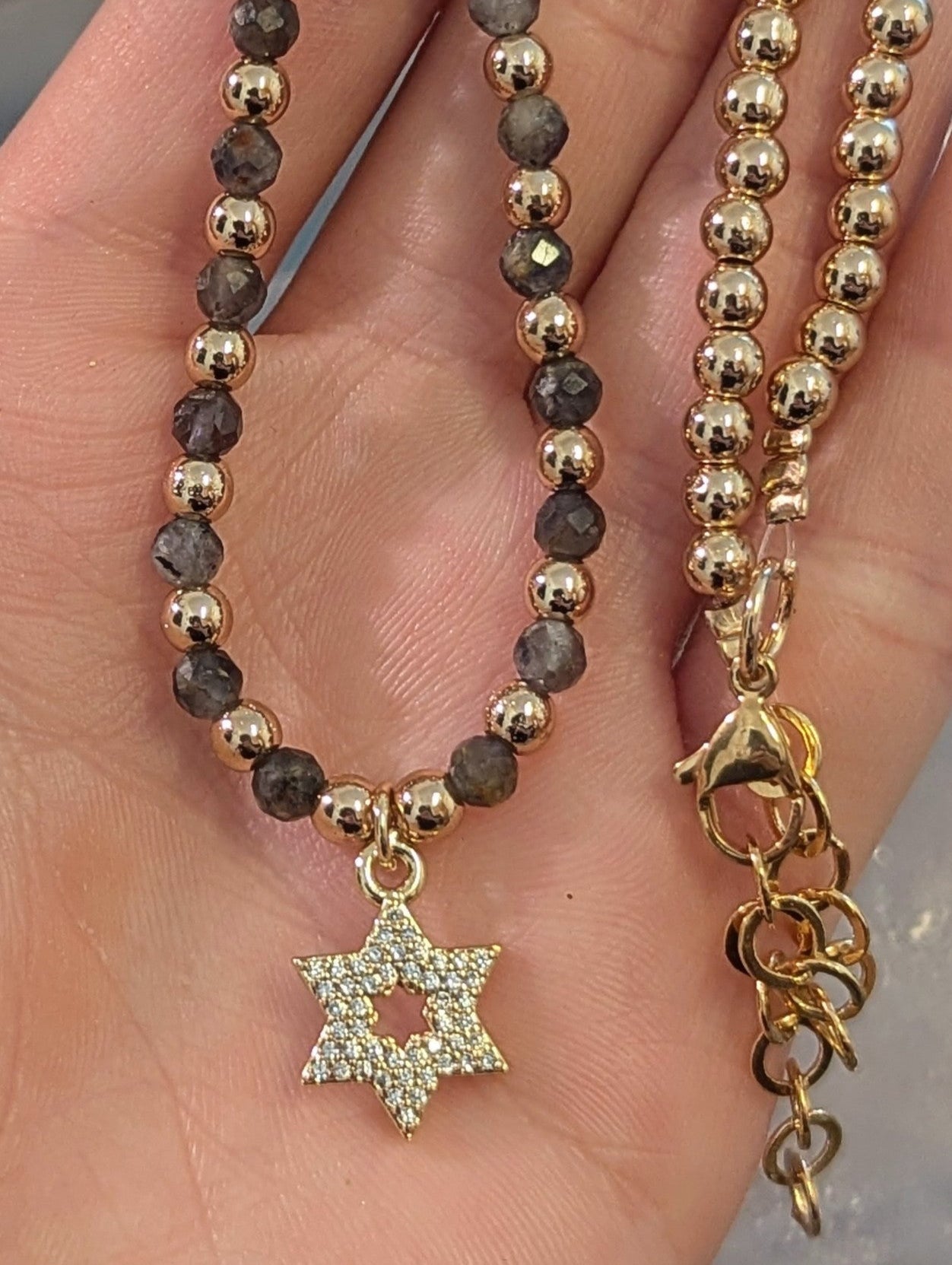 Zirconia Gold Plated Star of David, Golden and Labradorite Gemstones Necklace