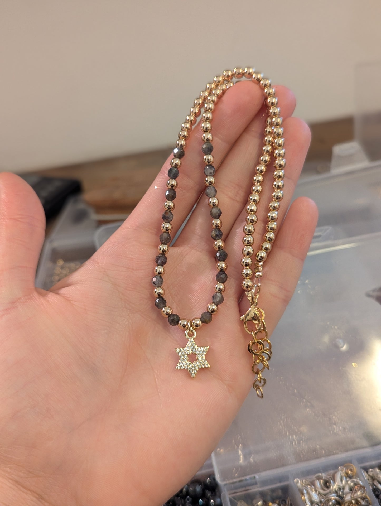 Zirconia Gold Plated Star of David, Golden and Labradorite Gemstones Necklace