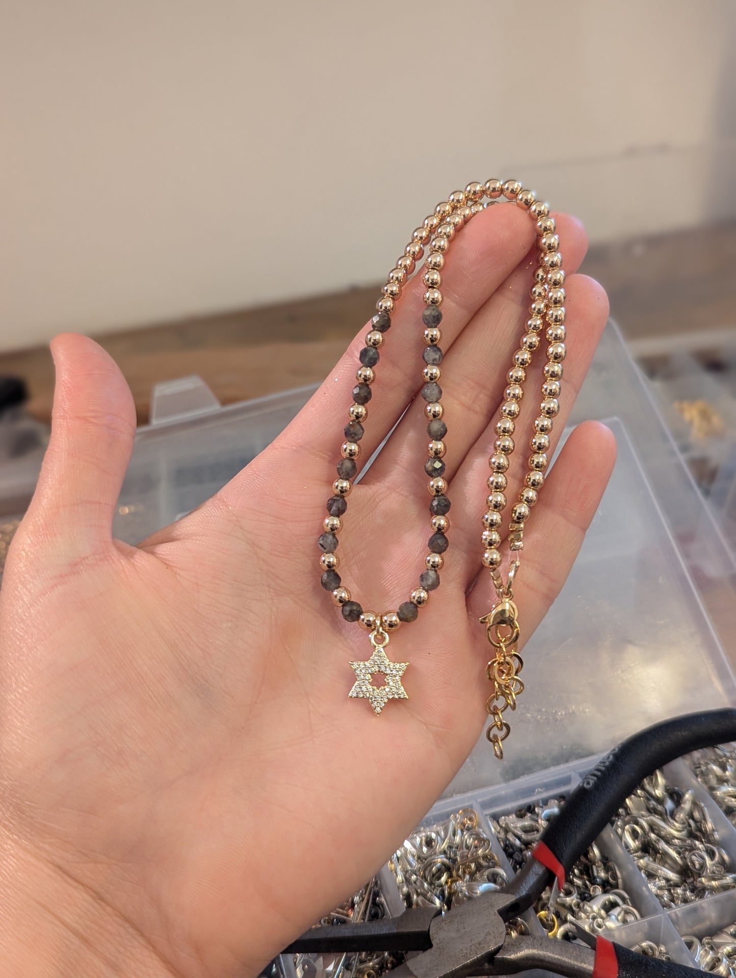 Zirconia Gold Plated Star of David, Golden and Labradorite Gemstones Necklace
