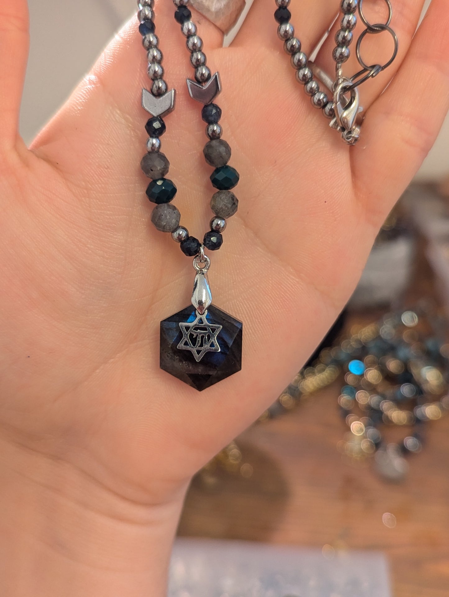 Labradorite, Silver Chai and Sapphire Gemstones Beaded Necklace