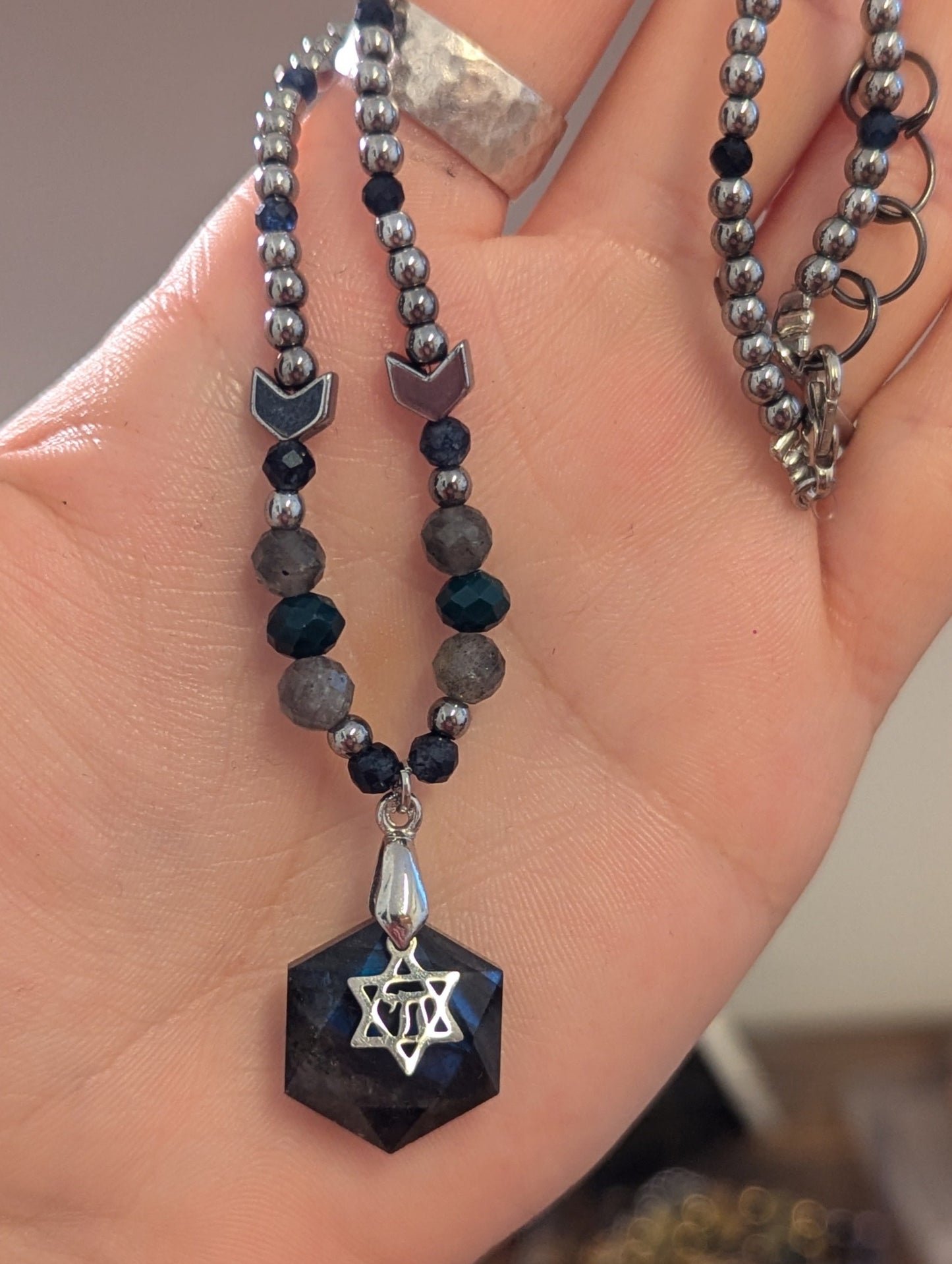 Labradorite, Silver Chai and Sapphire Gemstones Beaded Necklace