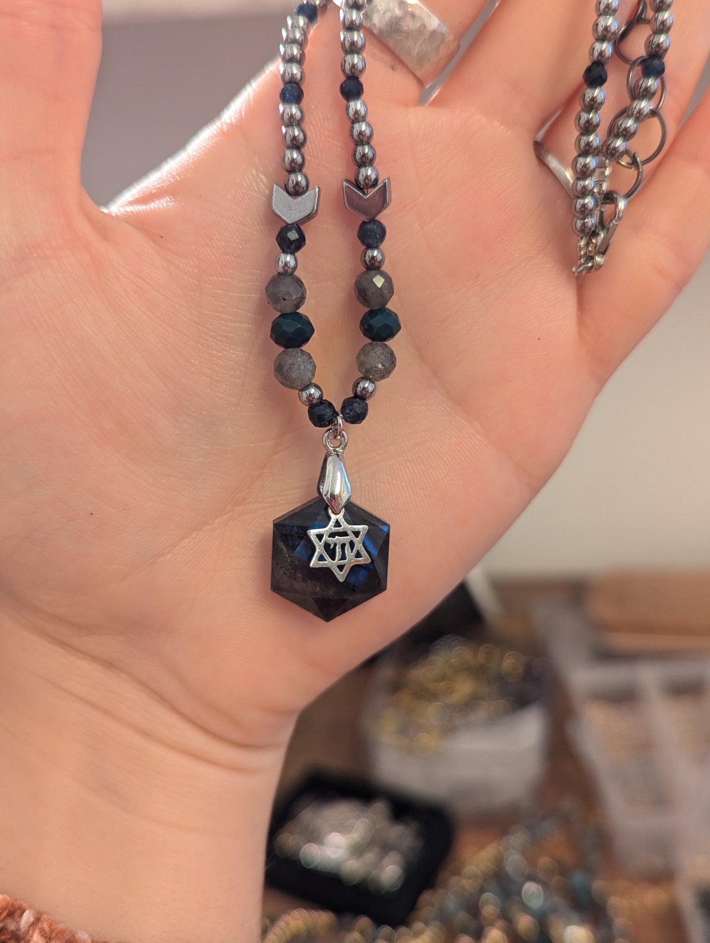 Labradorite, Silver Chai and Sapphire Gemstones Beaded Necklace