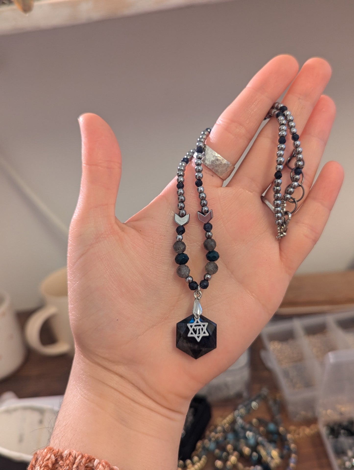 Labradorite, Silver Chai and Sapphire Gemstones Beaded Necklace