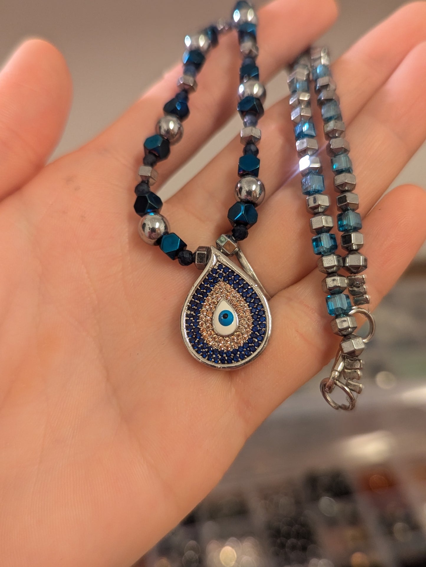 Blue Zirconia Evil Eye, Sapphire, Light Blue Silver Beaded Necklace and fitting Evil Eye Bracelet
