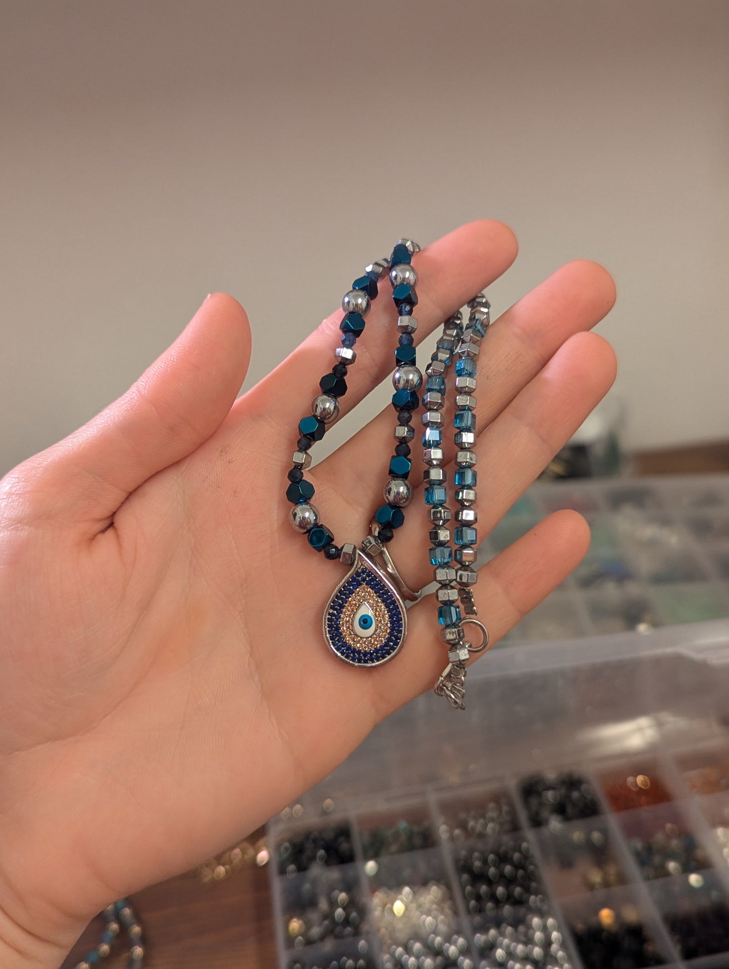Blue Zirconia Evil Eye, Sapphire, Light Blue Silver Beaded Necklace and fitting Evil Eye Bracelet