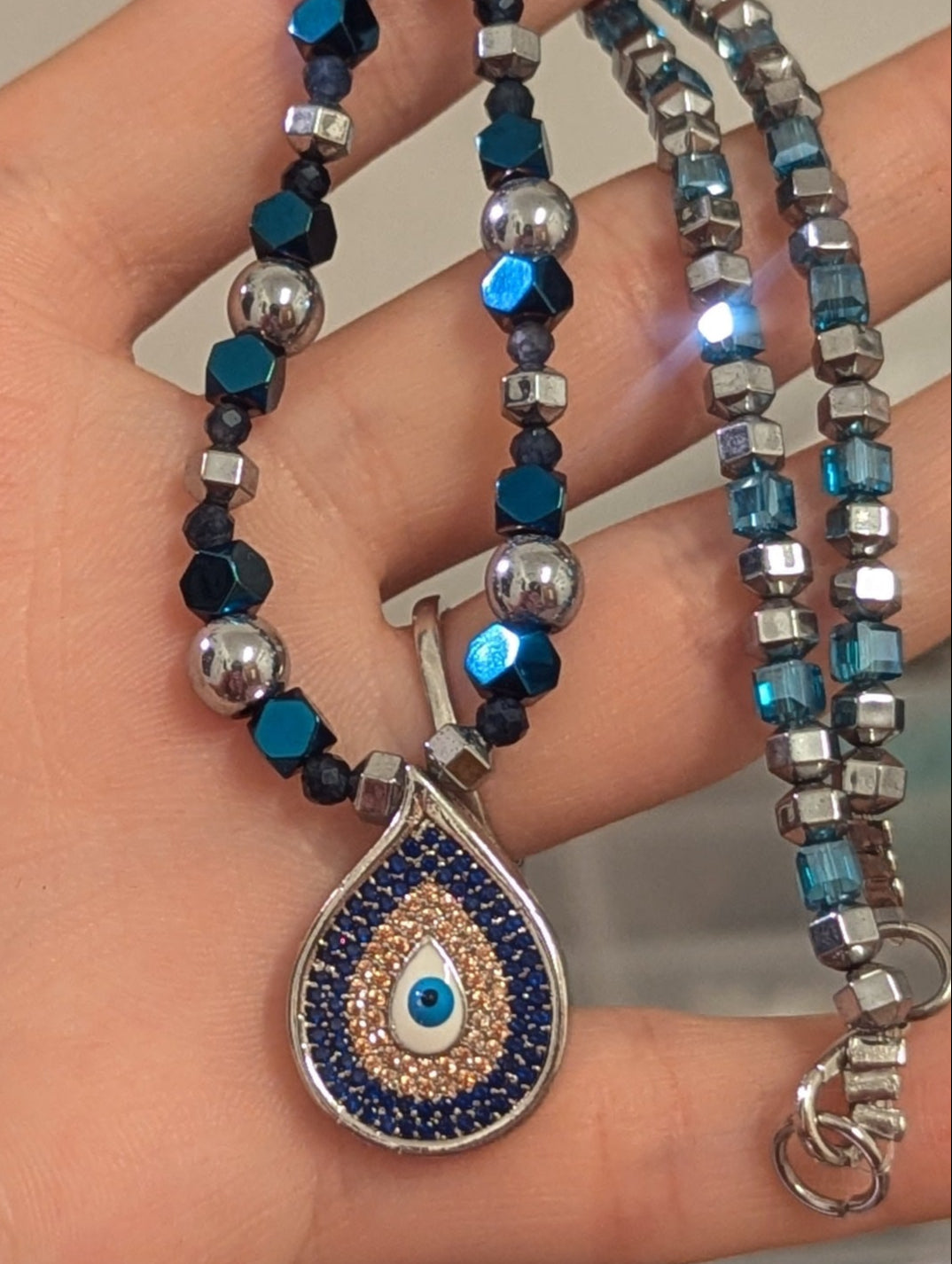 Blue Zirconia Evil Eye, Sapphire, Light Blue Silver Beaded Necklace and fitting Evil Eye Bracelet